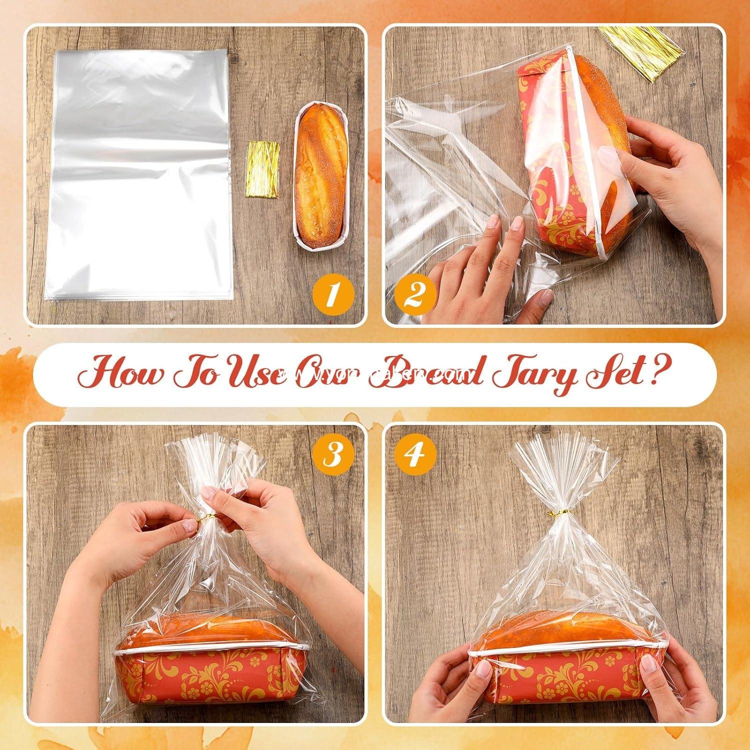 Wholesale 100 Sets Paper Loaf Pans for Baking 6.3 x 2.2 x 2.2 Inch Mini Disposable Cake Liners with Clear Plastic Bags and Ties for Fall and Christmas Rectangle Bread Mold for Bakery Factory