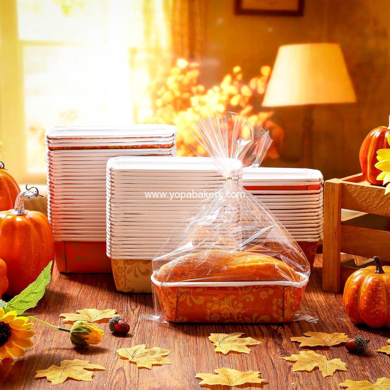 Wholesale 100 Sets Paper Loaf Pans for Baking 6.3 x 2.2 x 2.2 Inch Mini Disposable Cake Liners with Clear Plastic Bags and Ties for Fall and Christmas Rectangle Bread Mold for Bakery Factory