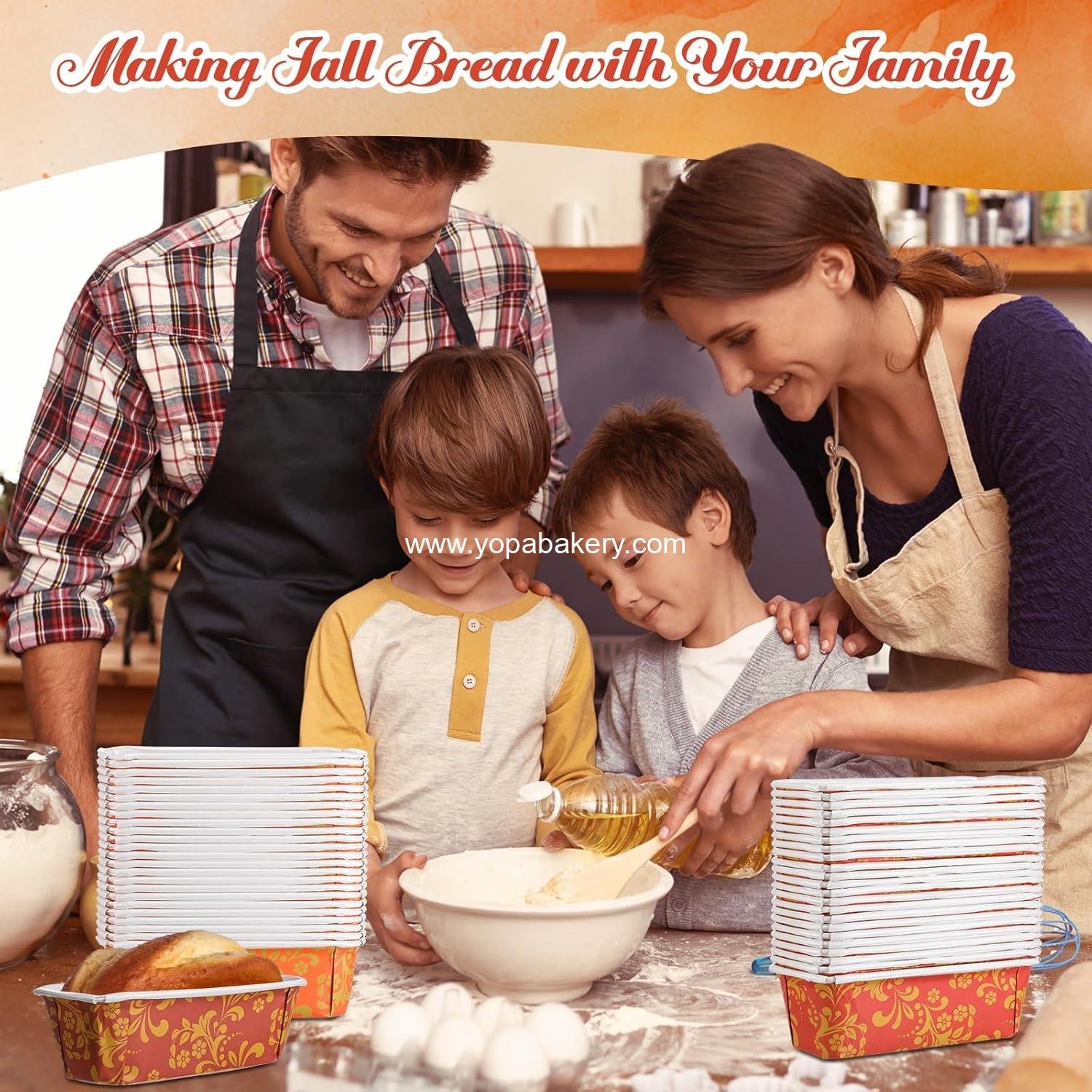 Wholesale 100 Sets Paper Loaf Pans for Baking 6.3 x 2.2 x 2.2 Inch Mini Disposable Cake Liners with Clear Plastic Bags and Ties for Fall and Christmas Rectangle Bread Mold for Bakery Factory