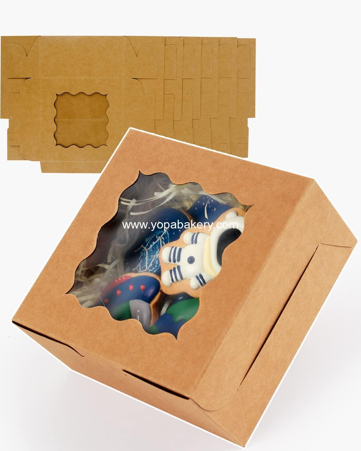 Wholesale Kraft Cookie Boxes with Window - 60 Packs 6x6x3 Brown Bakery Boxes for Cookies, Pastries, Cupcakes, Pies, Donuts Factory