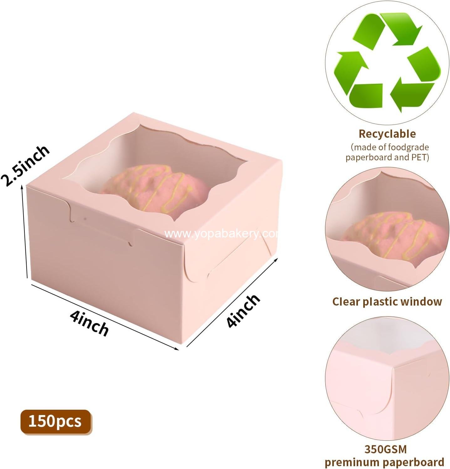 Wholesale 150pcs Pink Small Cake Box 4x4x2.5 Inch Bakery Boxes with Window for Mini Cakes Pastries Desserts Chocolates Cupcakes with Stickers Factory