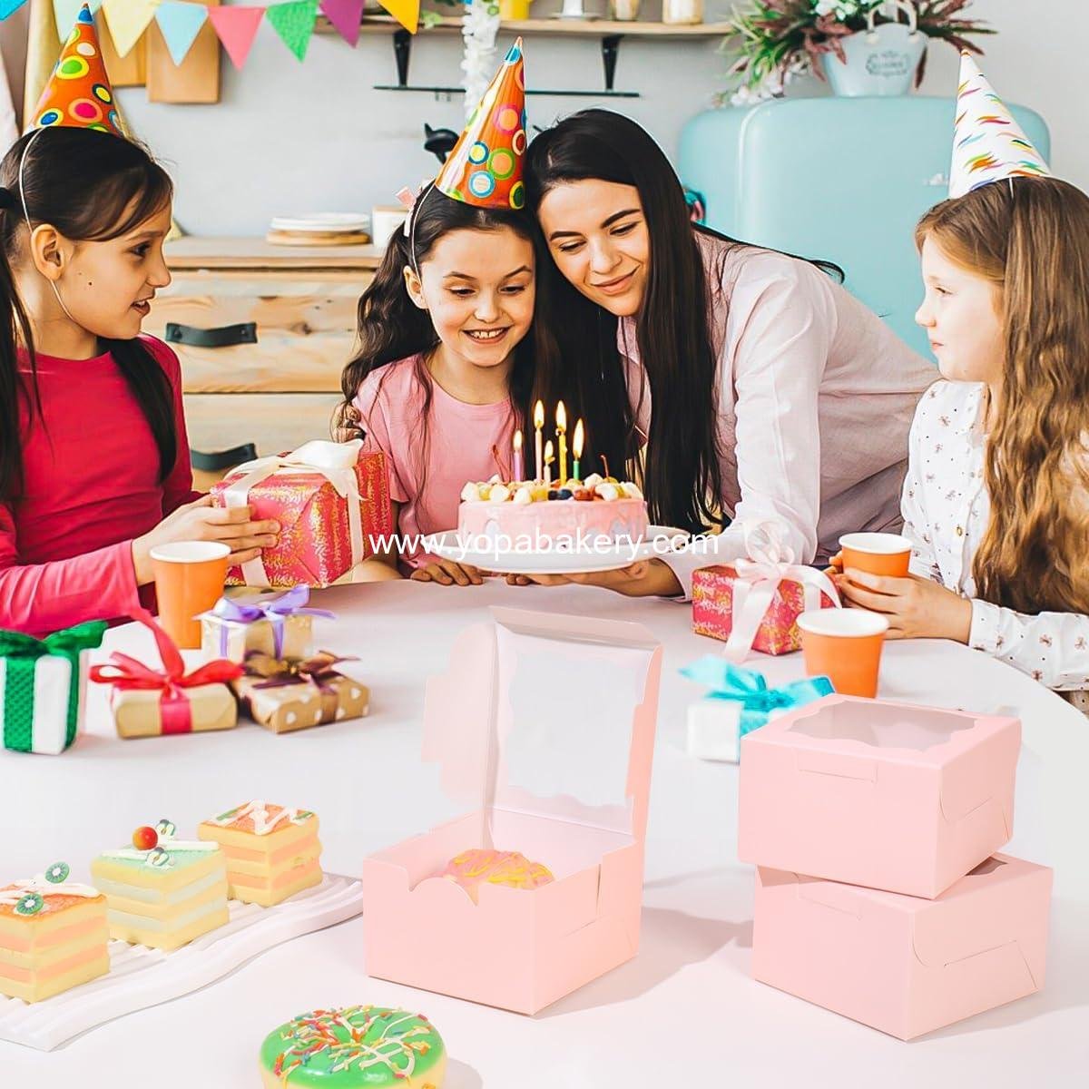 Wholesale 150pcs Pink Small Cake Box 4x4x2.5 Inch Bakery Boxes with Window for Mini Cakes Pastries Desserts Chocolates Cupcakes with Stickers Factory