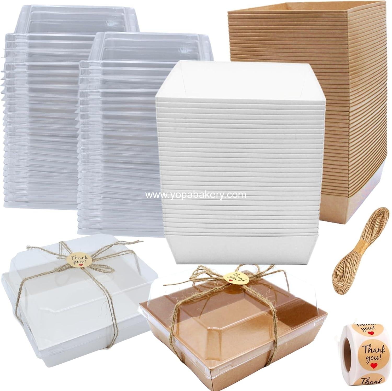 Wholesale 100 Pack Charcuterie Boxes with Clear Lids - Disposable Dessert Containers for Sandwiches, Snacks, Cakes, Weddings, and More, 5"x5"x2.6", Includes Twine & Stickers, Factory