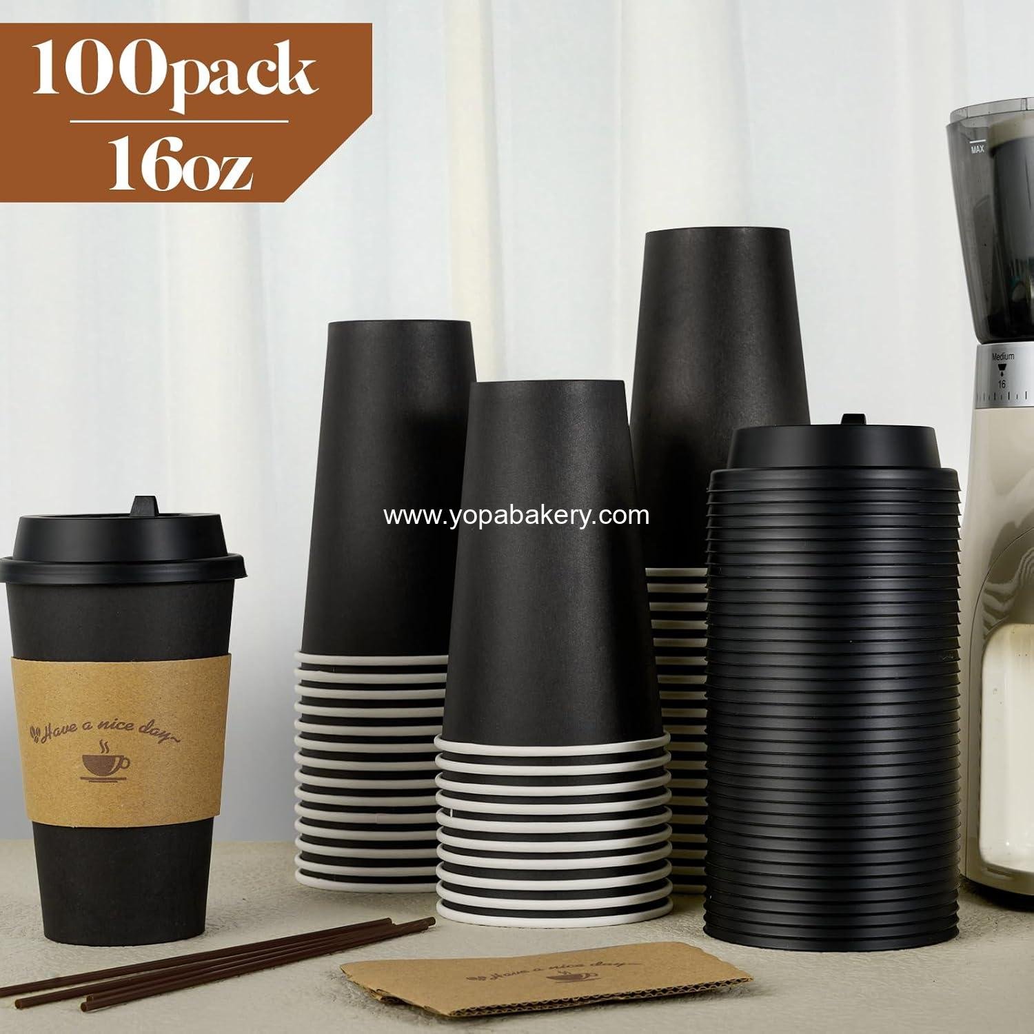 Wholesale 100 Pack 16 oz Disposable Paper Coffee Cups with Lids, Black Cups with Sleeves and Stirring Sticks for Parties, Picnics, Travel, and Events - Factory