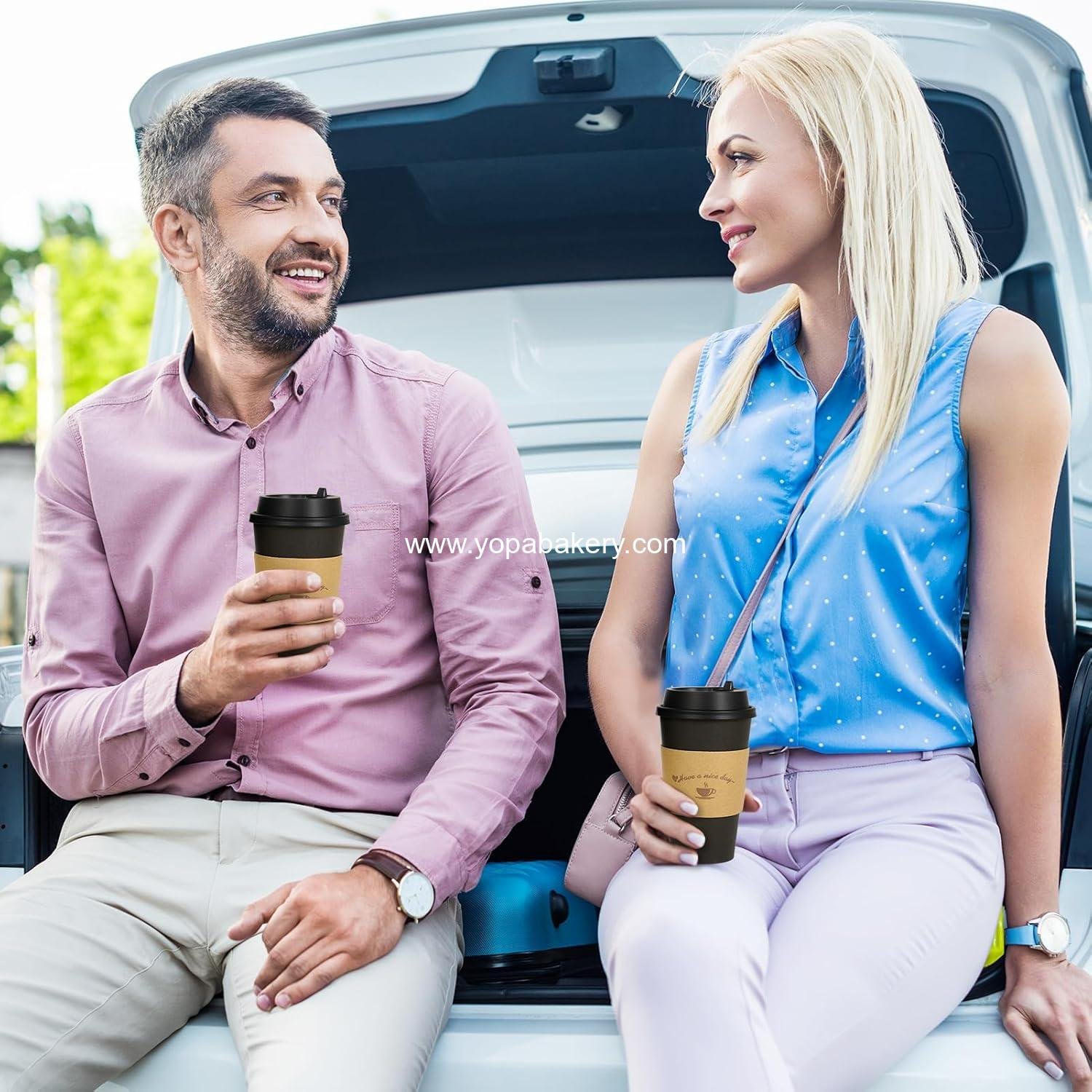 Wholesale 100 Pack 16 oz Disposable Paper Coffee Cups with Lids, Black Cups with Sleeves and Stirring Sticks for Parties, Picnics, Travel, and Events - Factory