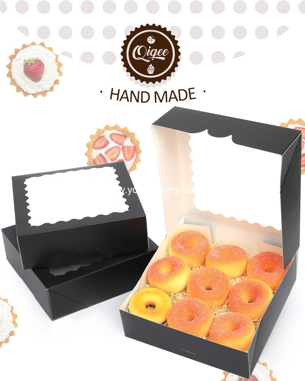 Wholesale Auto-pop Up Black Pastry Box with Window 8x8x2.5 Inch Donut and Pie Boxes 30pcs Bakery Box Factory
