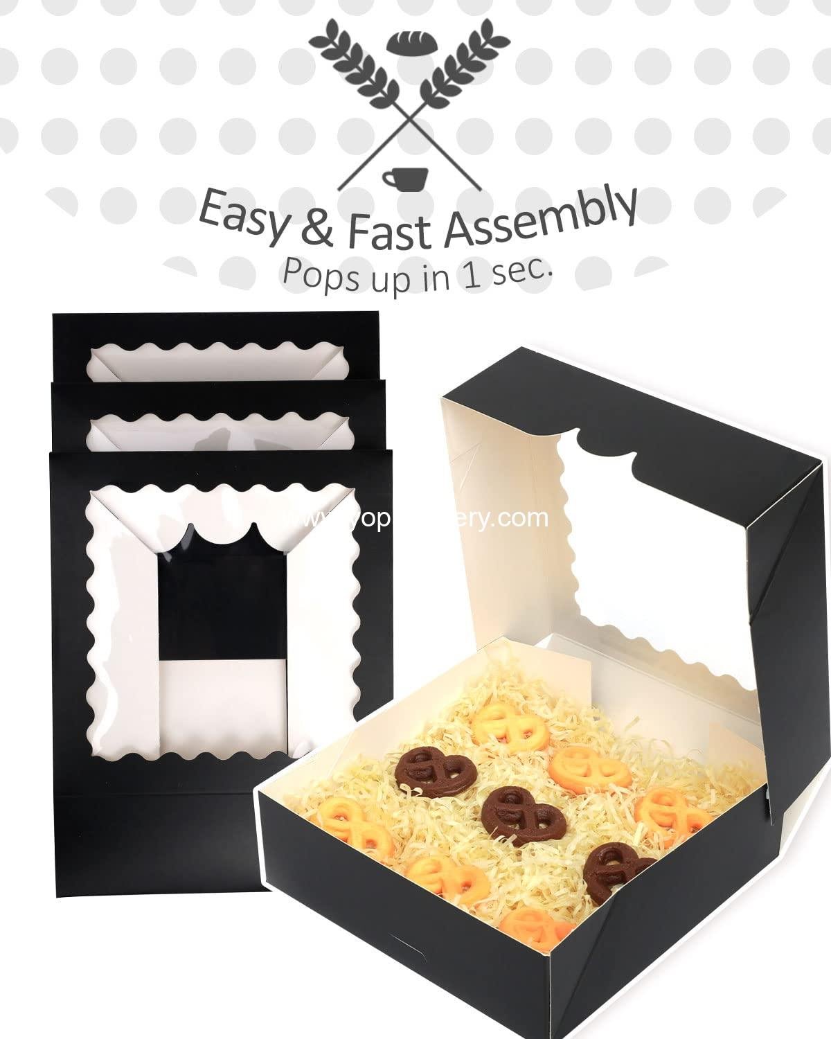 Wholesale Auto-pop Up Black Pastry Box with Window 8x8x2.5 Inch Donut and Pie Boxes 30pcs Bakery Box Factory