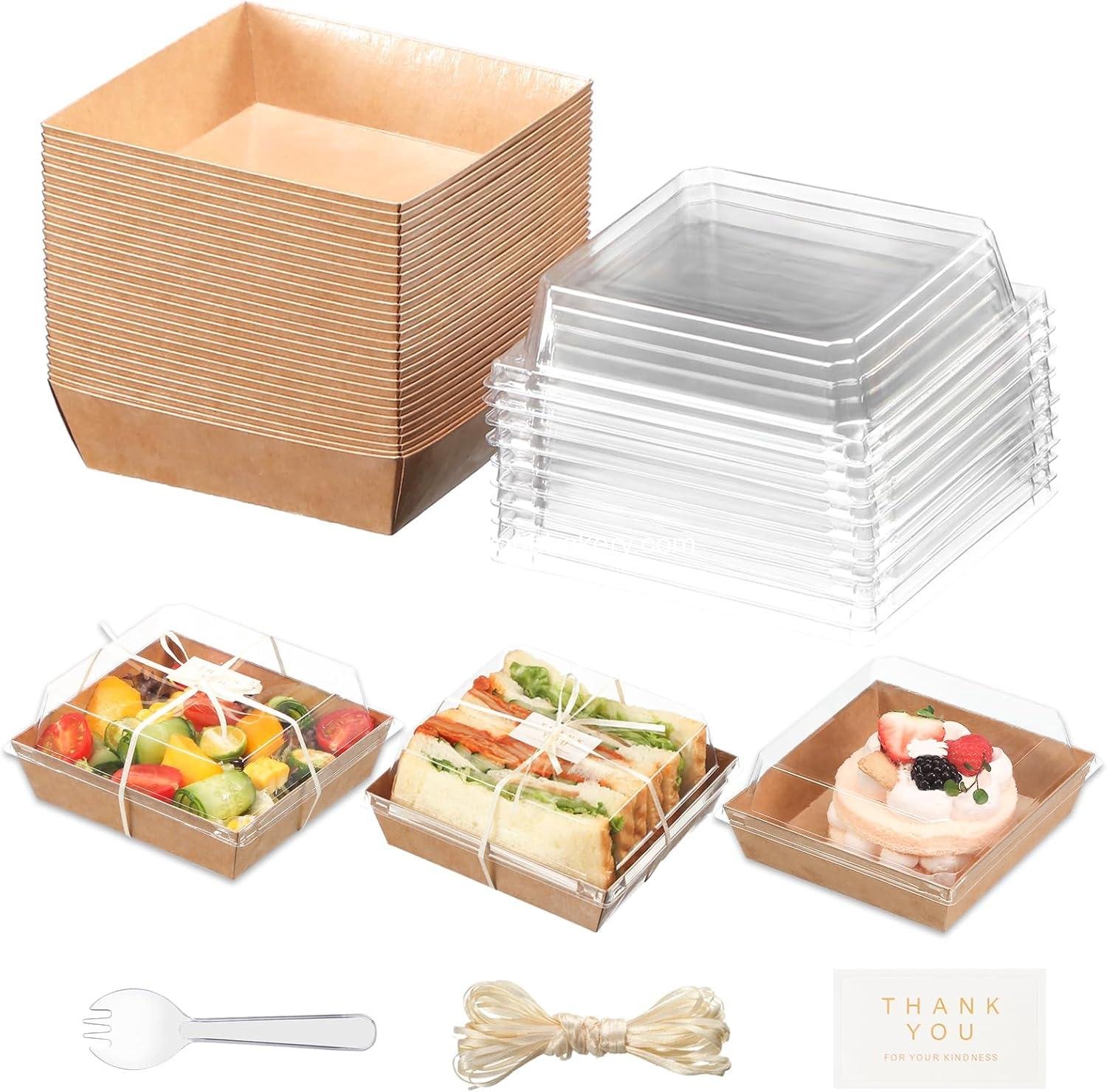 100pcs Smal Charcuterie Boxes with Clear Lids - Disposable Food Containers for Desserts,Boxes for Sandwich, Cake Slice Packaging, Fruit,Salad,Perfect for Bakery Treats,(Brown, 5.3 * 4.9 * 2.5 in)