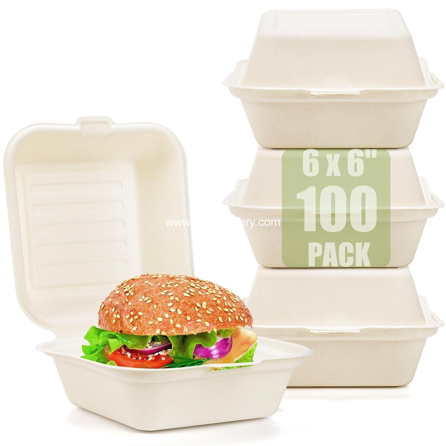 Wholesale 100 Pack Compostable Clamshell Take Out Food Containers 6x6 Inches Disposable To-Go Bento Boxes for Hamburgers Sandwiches Chips Factory