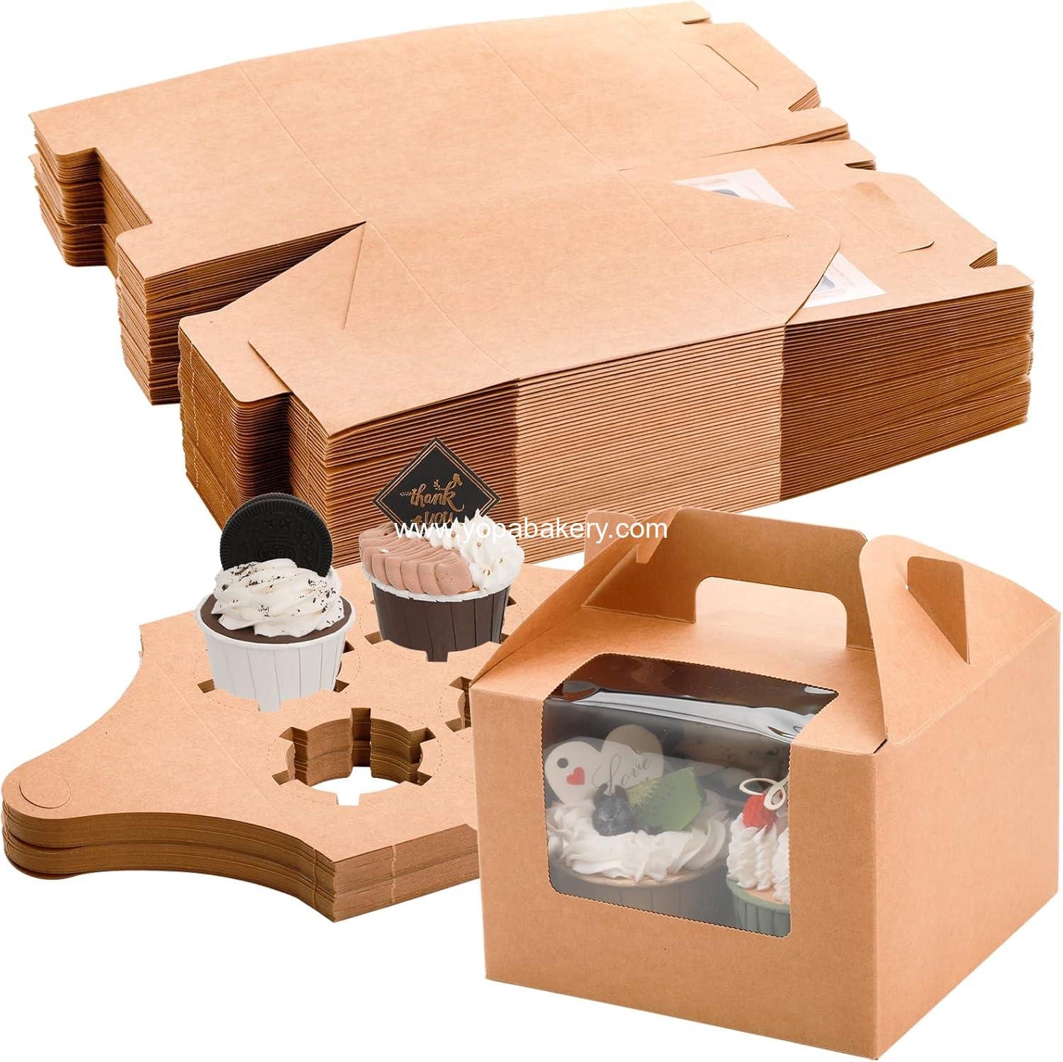 Wholesale 40 Pack Cupcake Boxes, 4 Count Kraft Paper Carrier with Window, Insert and Handle for Muffins, Cocoa Bombs, Gable Party Favor Treat Boxes for Weddings, Birthdays, Easter, Factory