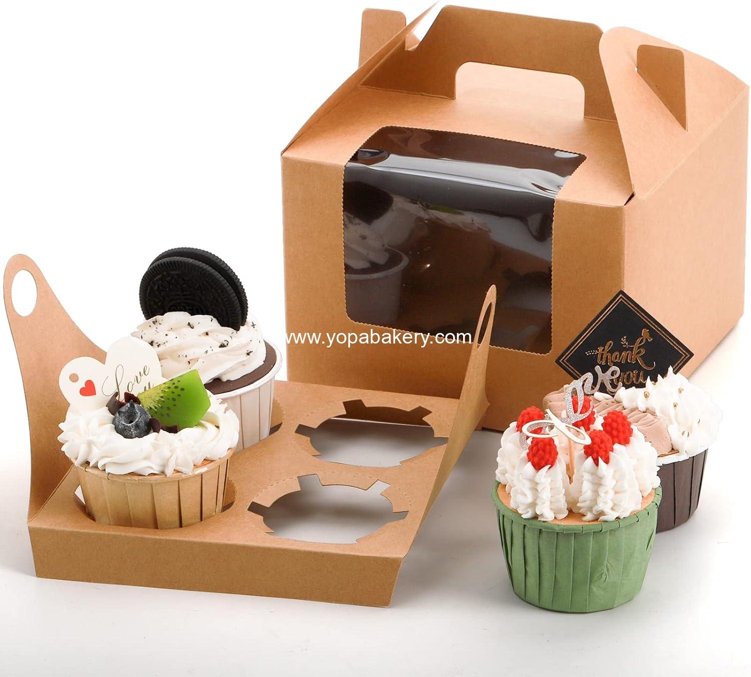 Jucoan 40 Pack Cupcake Boxes, 4 Count Kraft Paper Cupcake Carrier Holder Container with Window, Insert and Handle for Muffin Coca Bombs, Gable Party Favor Treat Boxes for Wedding, Birthday, Easter