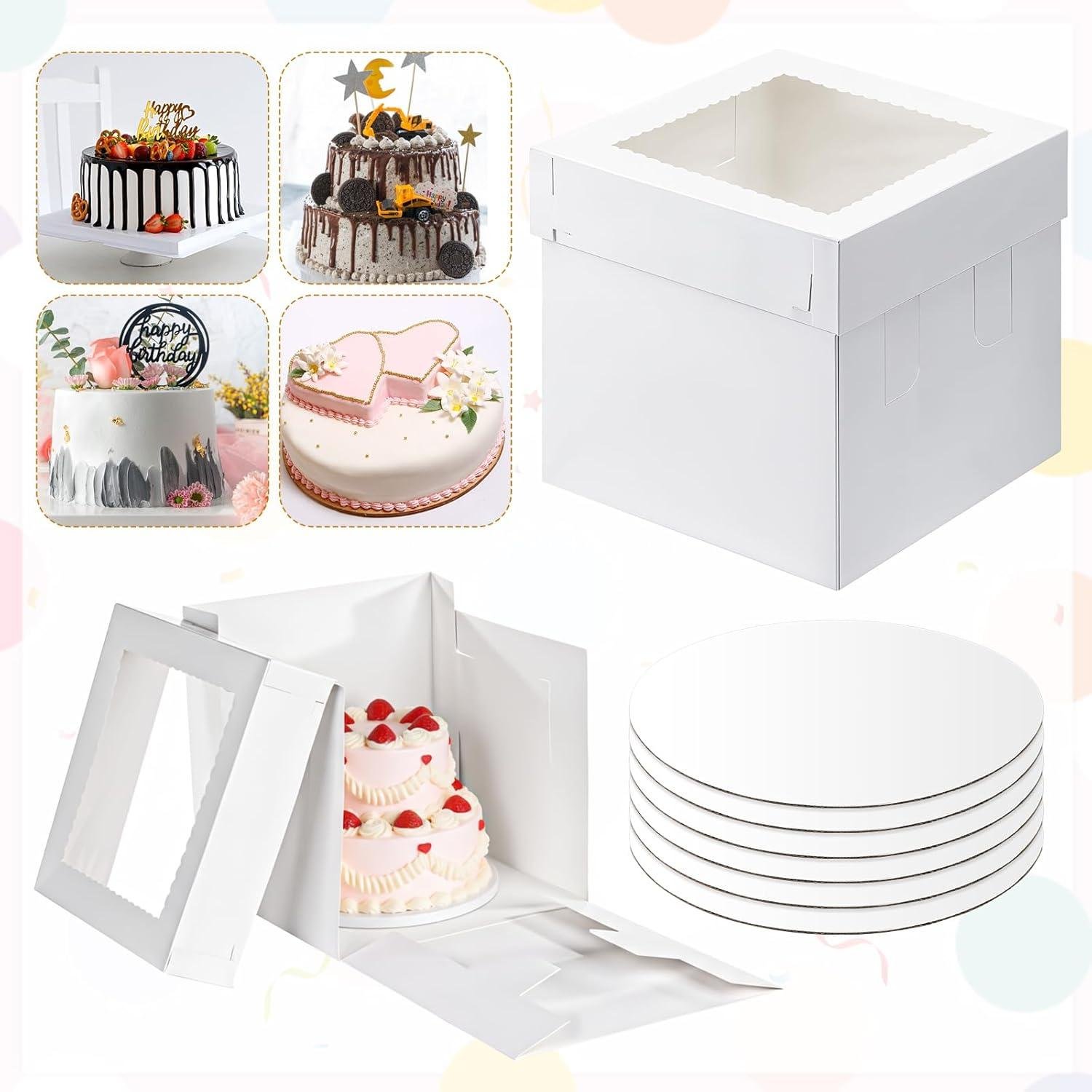 Wholesale 6 Pack Tall White Cake Boxes 12x12x12in with Boards for Tier Cakes, Disposable and Sturdy with Window, Factory