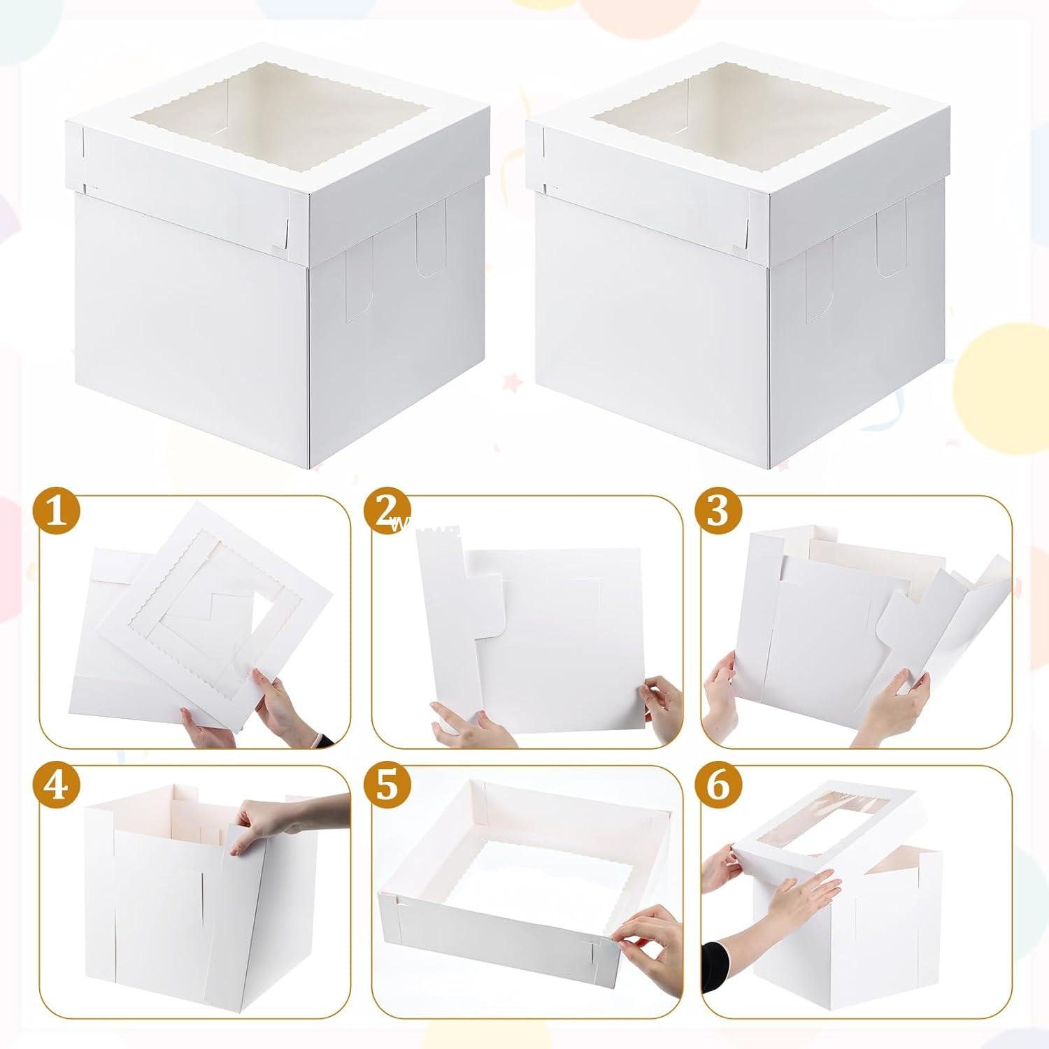 Wholesale 6 Pack Tall White Cake Boxes 12x12x12in with Boards for Tier Cakes, Disposable and Sturdy with Window, Factory