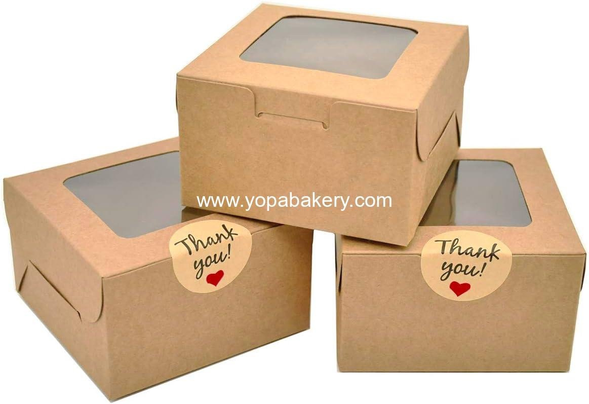 LINSHRY 50 Pack Cookie Boxes with Window, 4x4x2.5 Inches Small Pastry Treat Boxes Gift Packaging Boxes for Baked Goods, Mini Cakes, Macaron, Pie Slice, Stickers Included