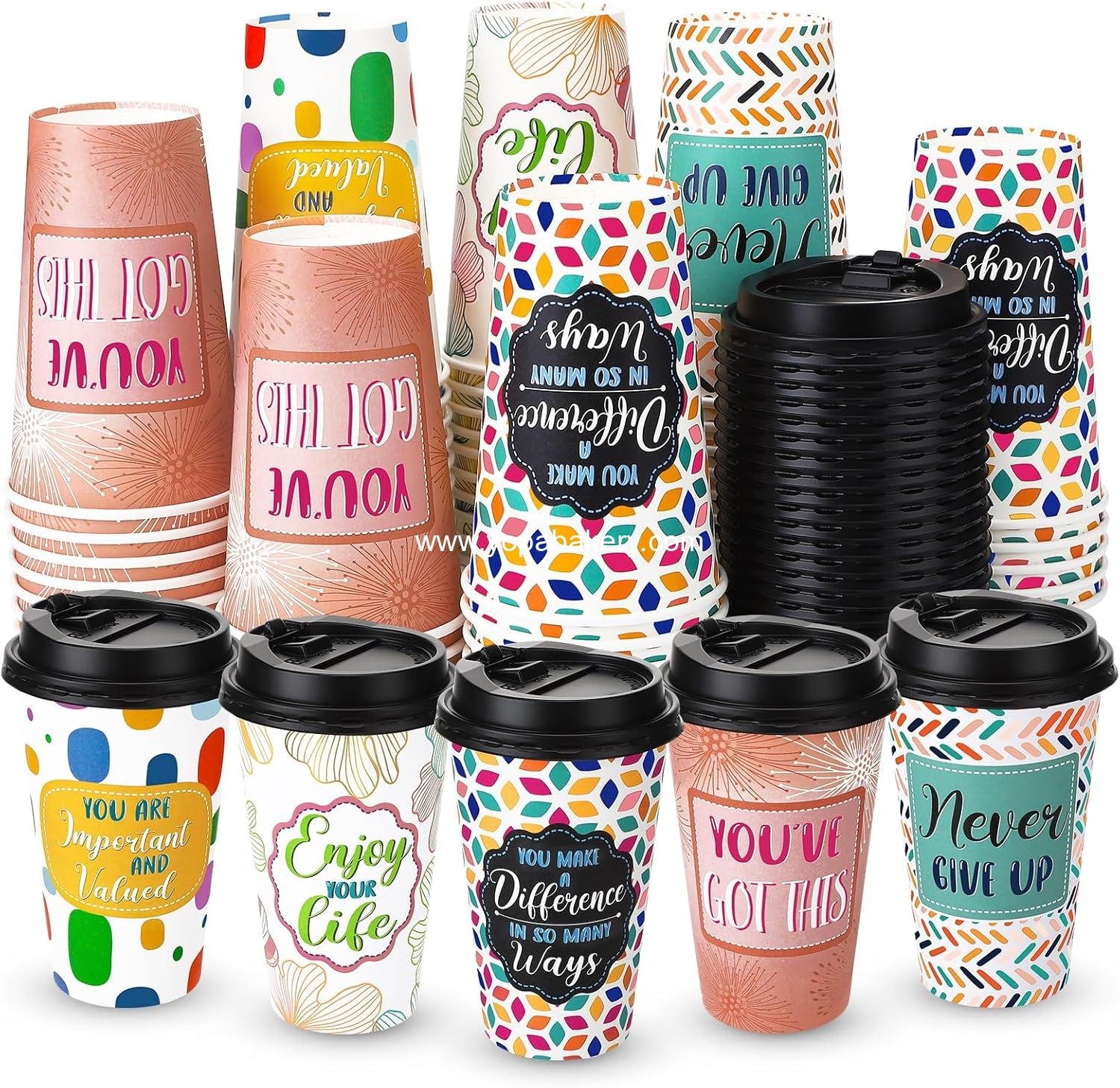 50 Pack 16 oz Disposable Coffee Cups with Lids,5 Motivational Encouragemen Positivity Paper Hot Cups for Hot and Cold Beverages,Coffee,Tea,Water,Juice