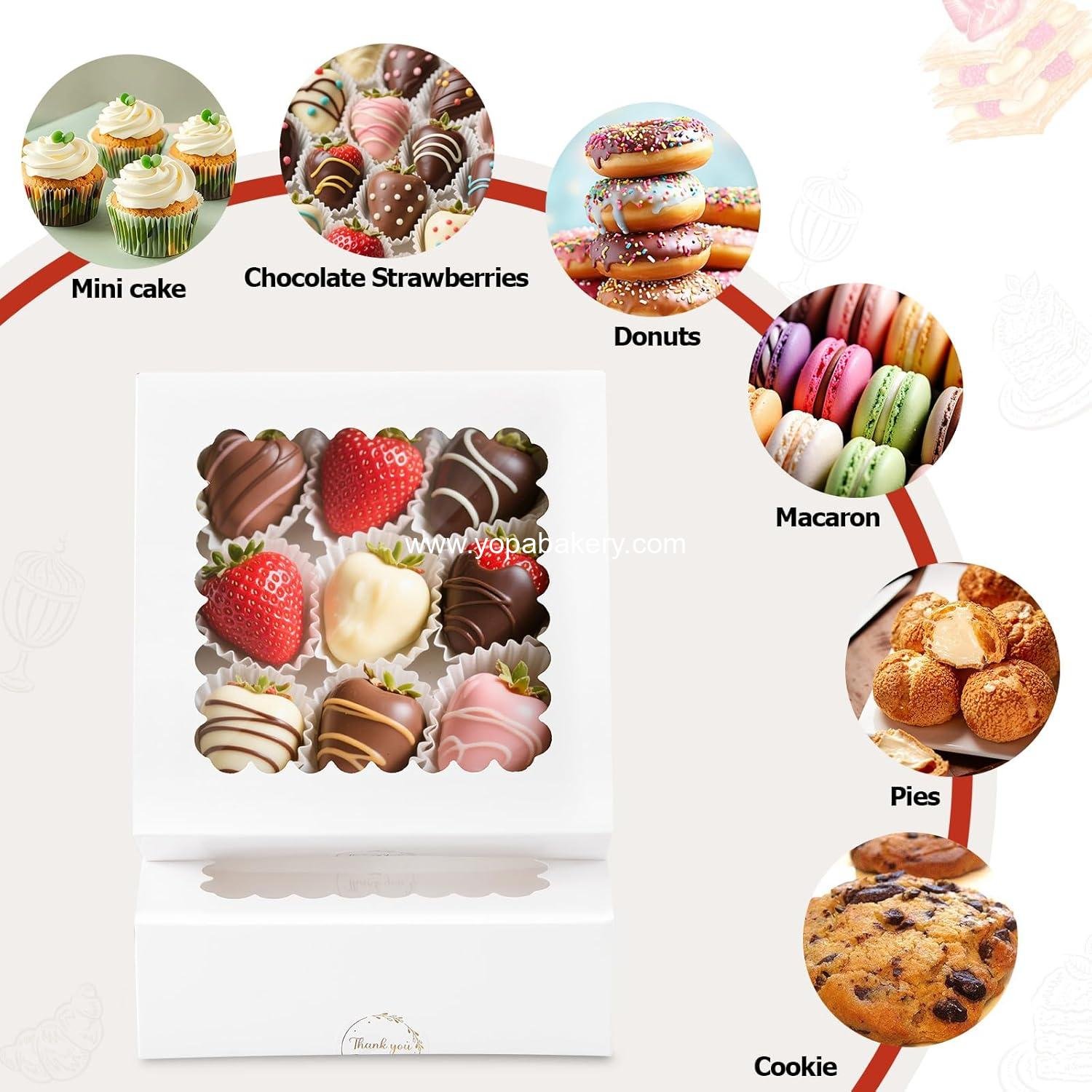 Wholesale 20 Pcs Bakery Boxes with Window, Auto-Pop-Up 8x8x2.5 inches White Treat Boxes for Chocolate Covered Strawberries, Pastries, Cookies, Desserts, Donuts, and Muffins - Manufacturer