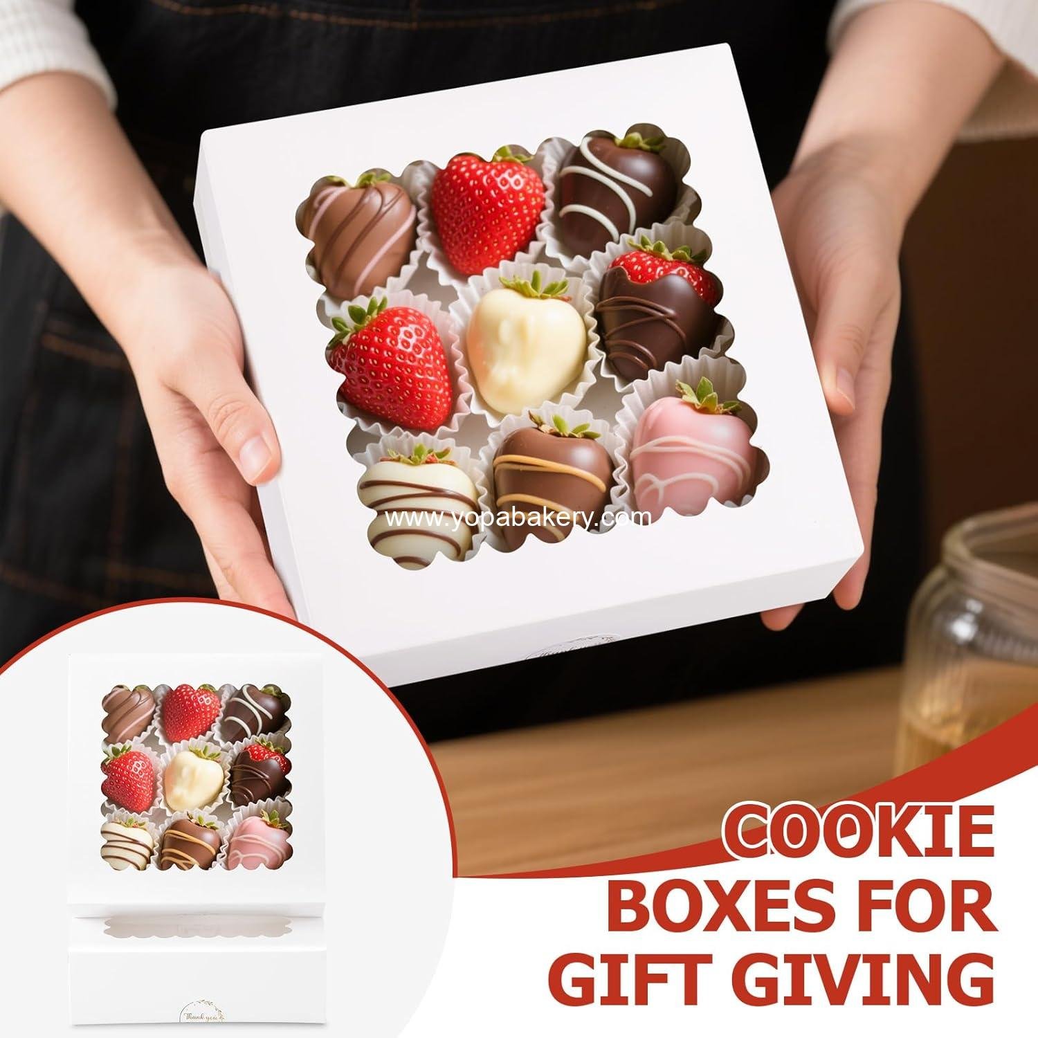 Wholesale 20 Pcs Bakery Boxes with Window, Auto-Pop-Up 8x8x2.5 inches White Treat Boxes for Chocolate Covered Strawberries, Pastries, Cookies, Desserts, Donuts, and Muffins - Manufacturer