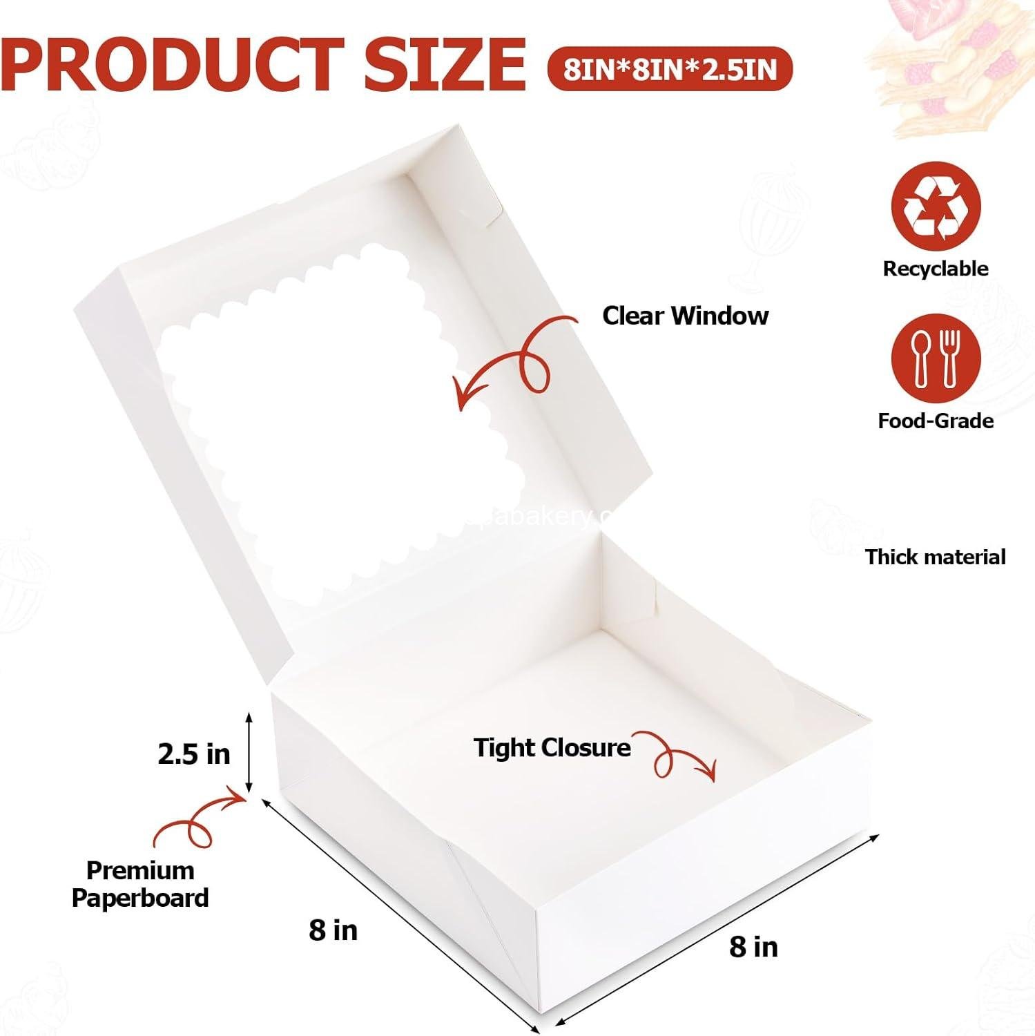 Wholesale 20 Pcs Bakery Boxes with Window, Auto-Pop-Up 8x8x2.5 inches White Treat Boxes for Chocolate Covered Strawberries, Pastries, Cookies, Desserts, Donuts, and Muffins - Manufacturer