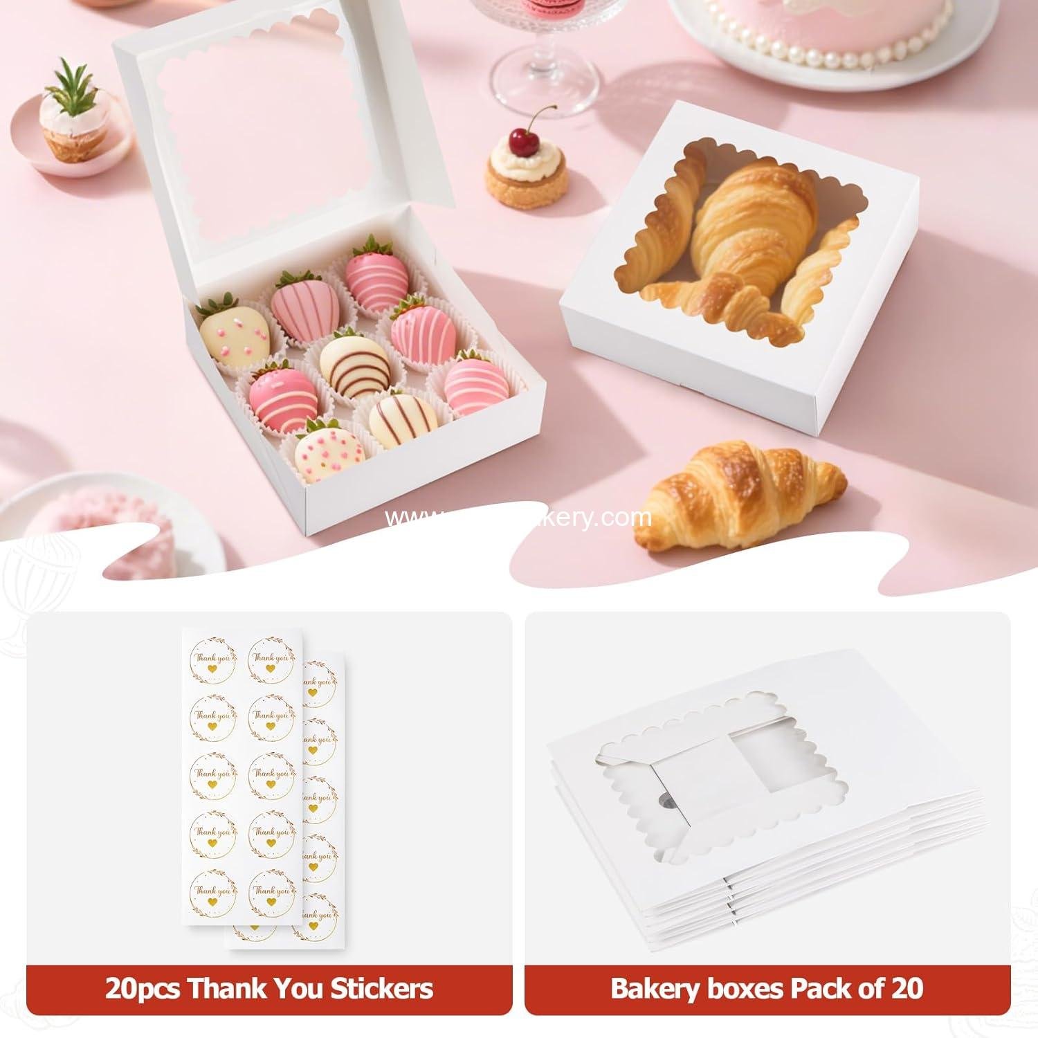 Wholesale 20 Pcs Bakery Boxes with Window, Auto-Pop-Up 8x8x2.5 inches White Treat Boxes for Chocolate Covered Strawberries, Pastries, Cookies, Desserts, Donuts, and Muffins - Manufacturer