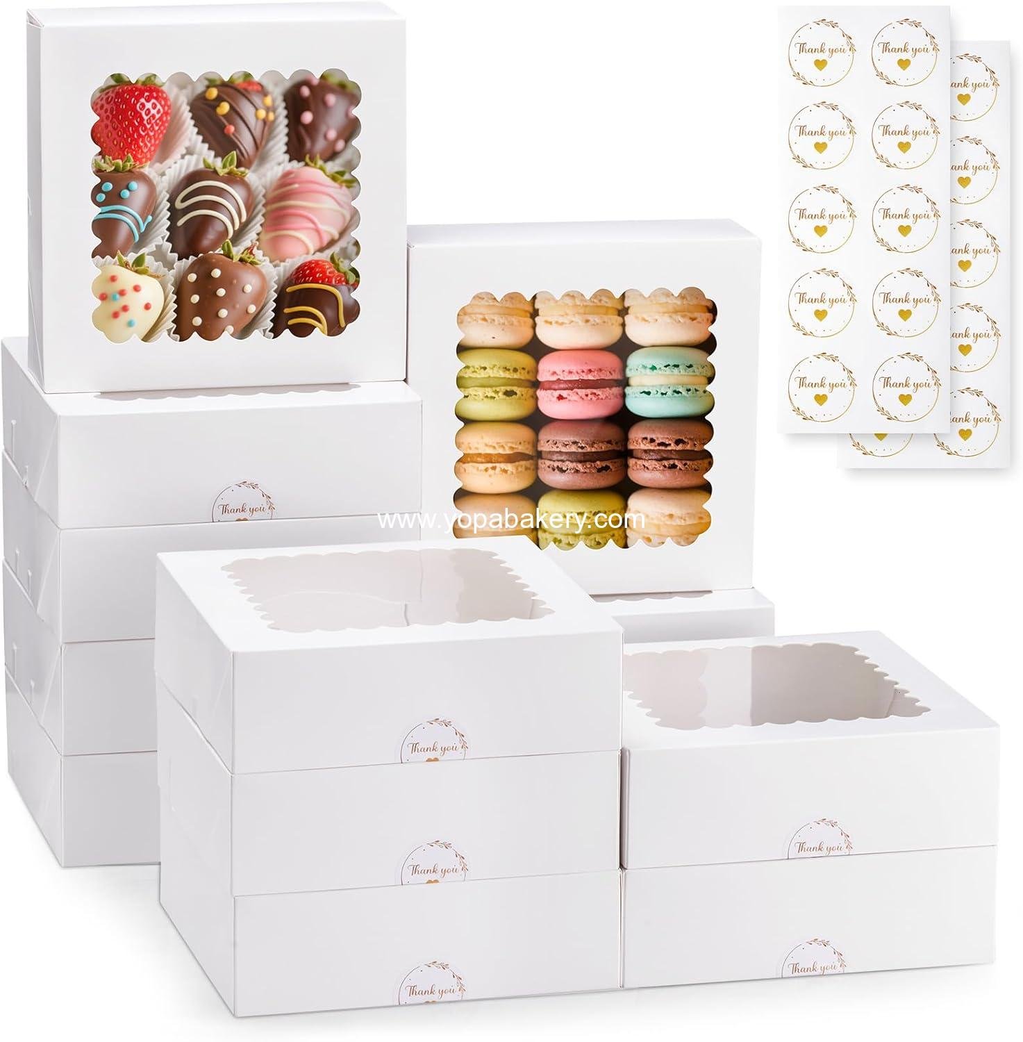 20 Pcs Bakery Boxes with Window, Auto-Pop-Up 8x8x2.5 inches White Treat Boxes for Chocolate Covered Strawberry,Pastry, Cookie, Dessert, Donut and Muffin