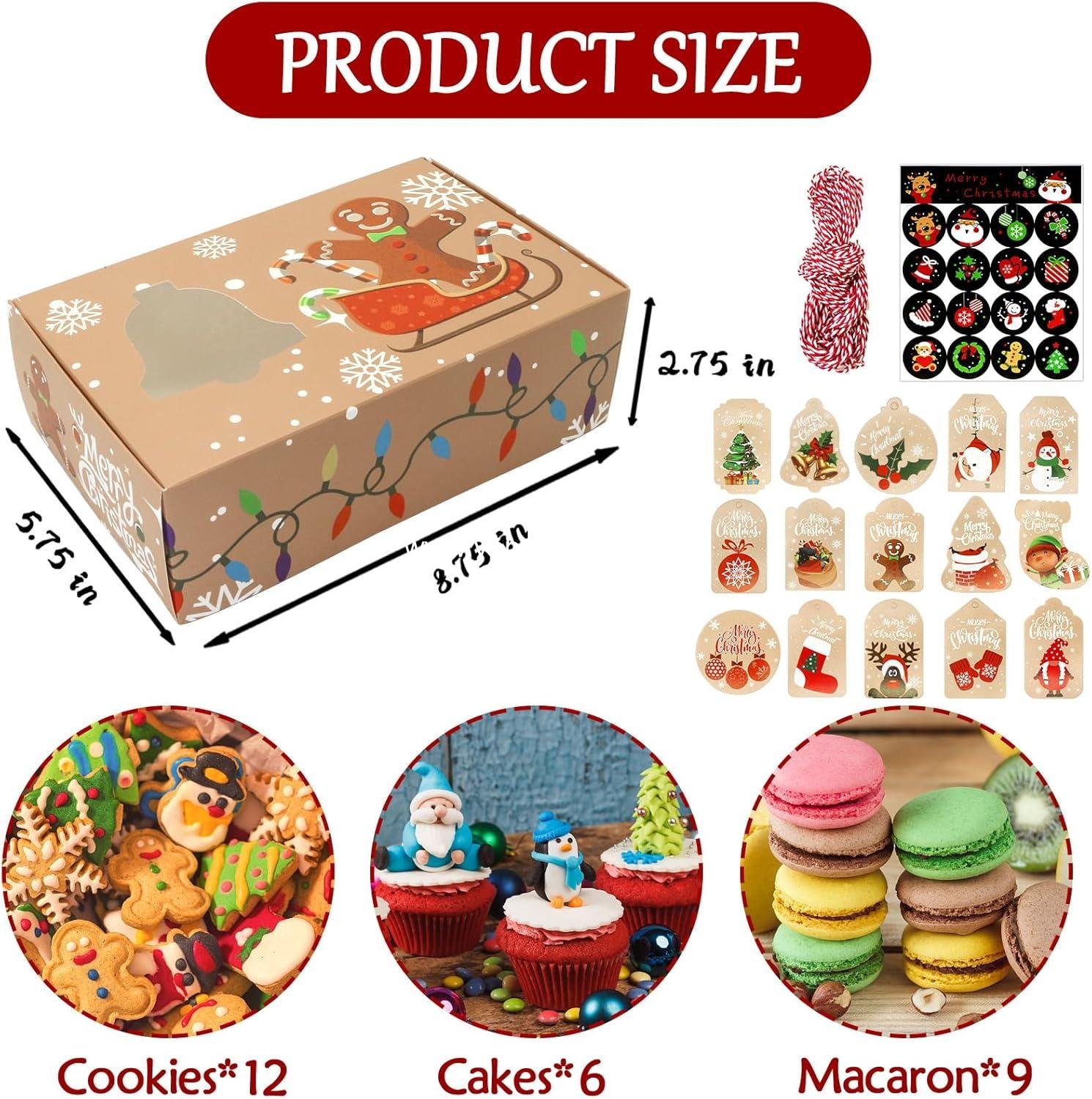 Wholesale 12 PCS Christmas Cookie Boxes for Gift Giving - Bakery Treat Boxes with Window for Pastries, Cupcakes, Brownies, and Donuts - Dimensions: 8.75 x 5.75 x 2.75 Inches - Factory