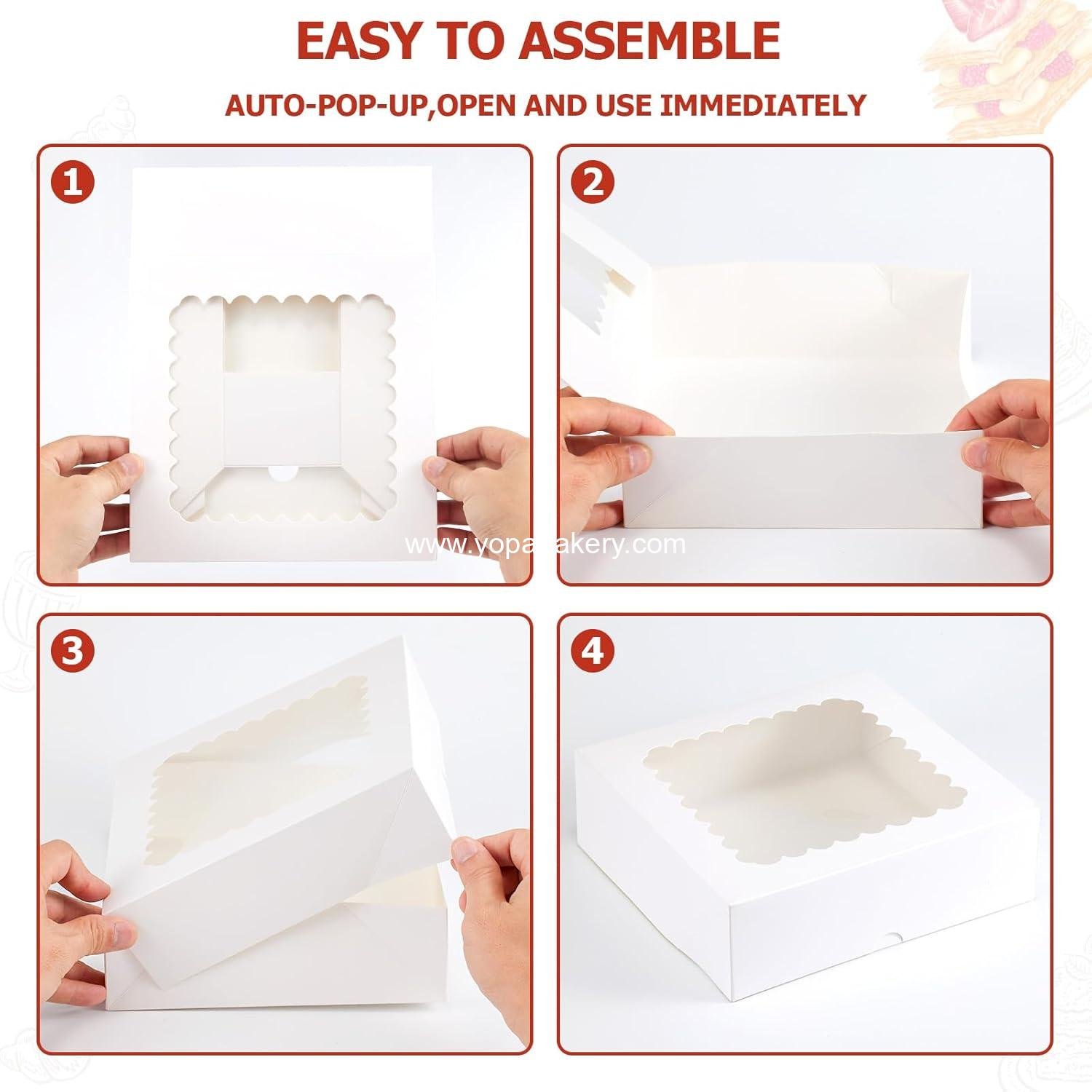 Wholesale 20 Pcs Bakery Boxes with Window, Auto-Pop-Up 10x10x2.5 inches White Treat Boxes for Chocolate Covered Strawberries, Pie, Donuts, Pastries, Cookies, and Desserts - Factory