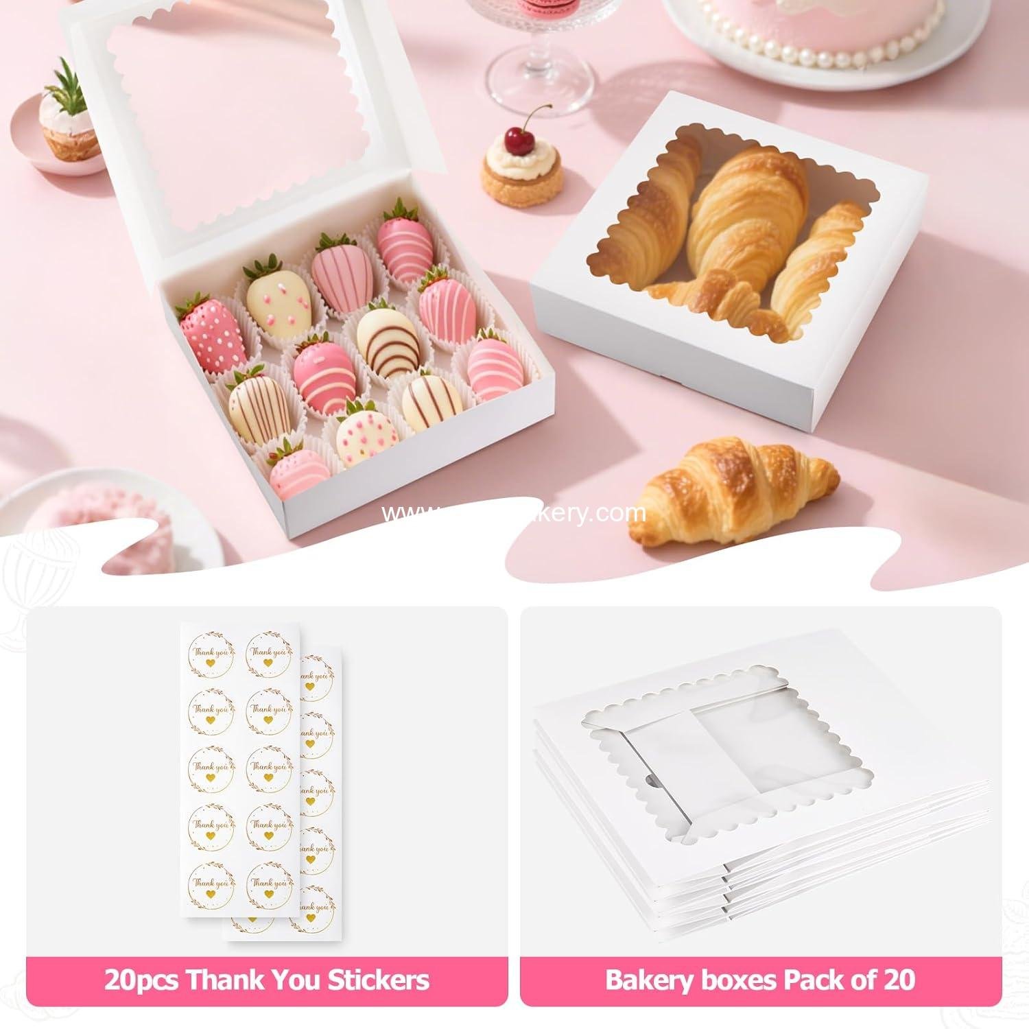 Wholesale 20 Pcs Bakery Boxes with Window, Auto-Pop-Up 10x10x2.5 inches White Treat Boxes for Chocolate Covered Strawberries, Pie, Donuts, Pastries, Cookies, and Desserts - Factory