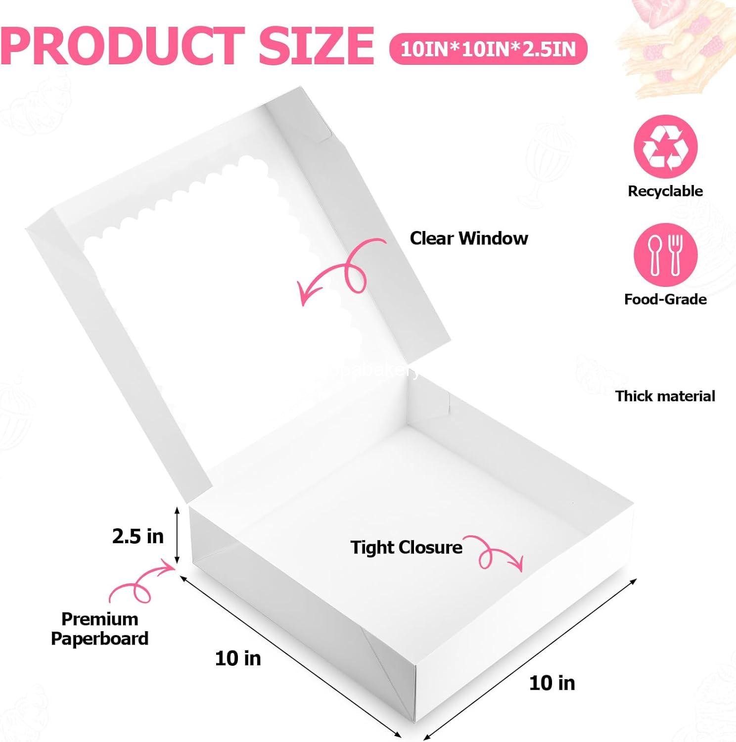 Wholesale 20 Pcs Bakery Boxes with Window, Auto-Pop-Up 10x10x2.5 inches White Treat Boxes for Chocolate Covered Strawberries, Pie, Donuts, Pastries, Cookies, and Desserts - Factory