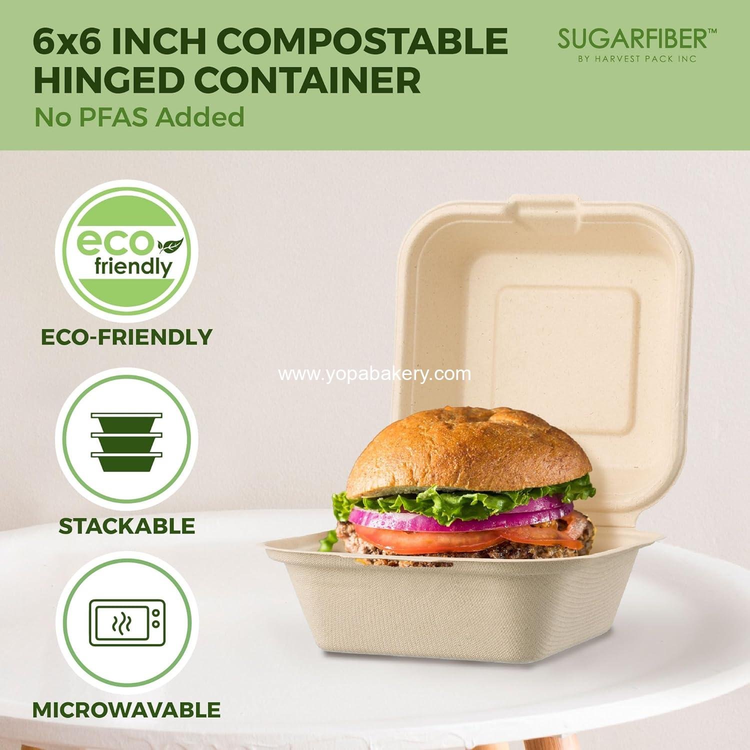 Wholesale 50 Count Compostable Clamshell Take Out Food Containers, 6x6