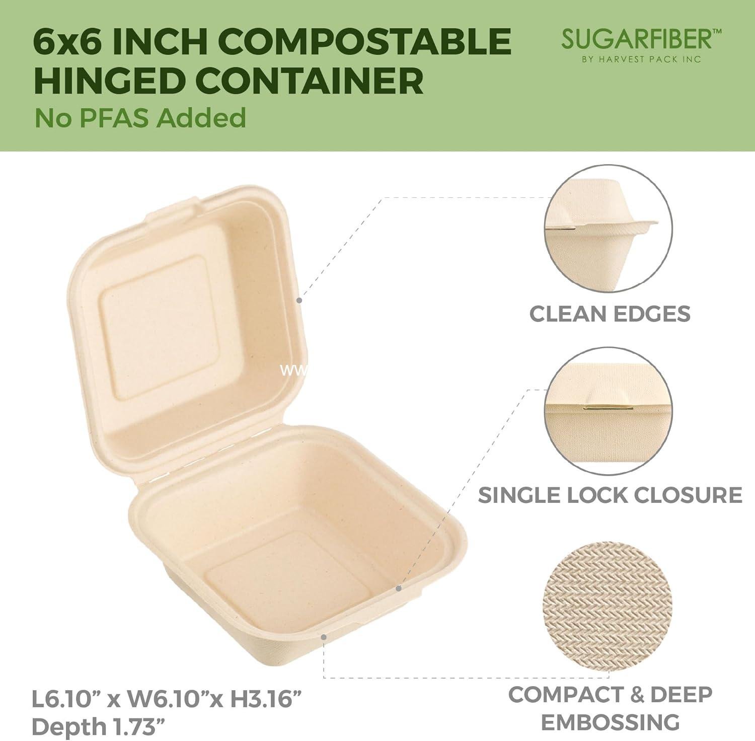 Wholesale 50 Count Compostable Clamshell Take Out Food Containers, 6x6