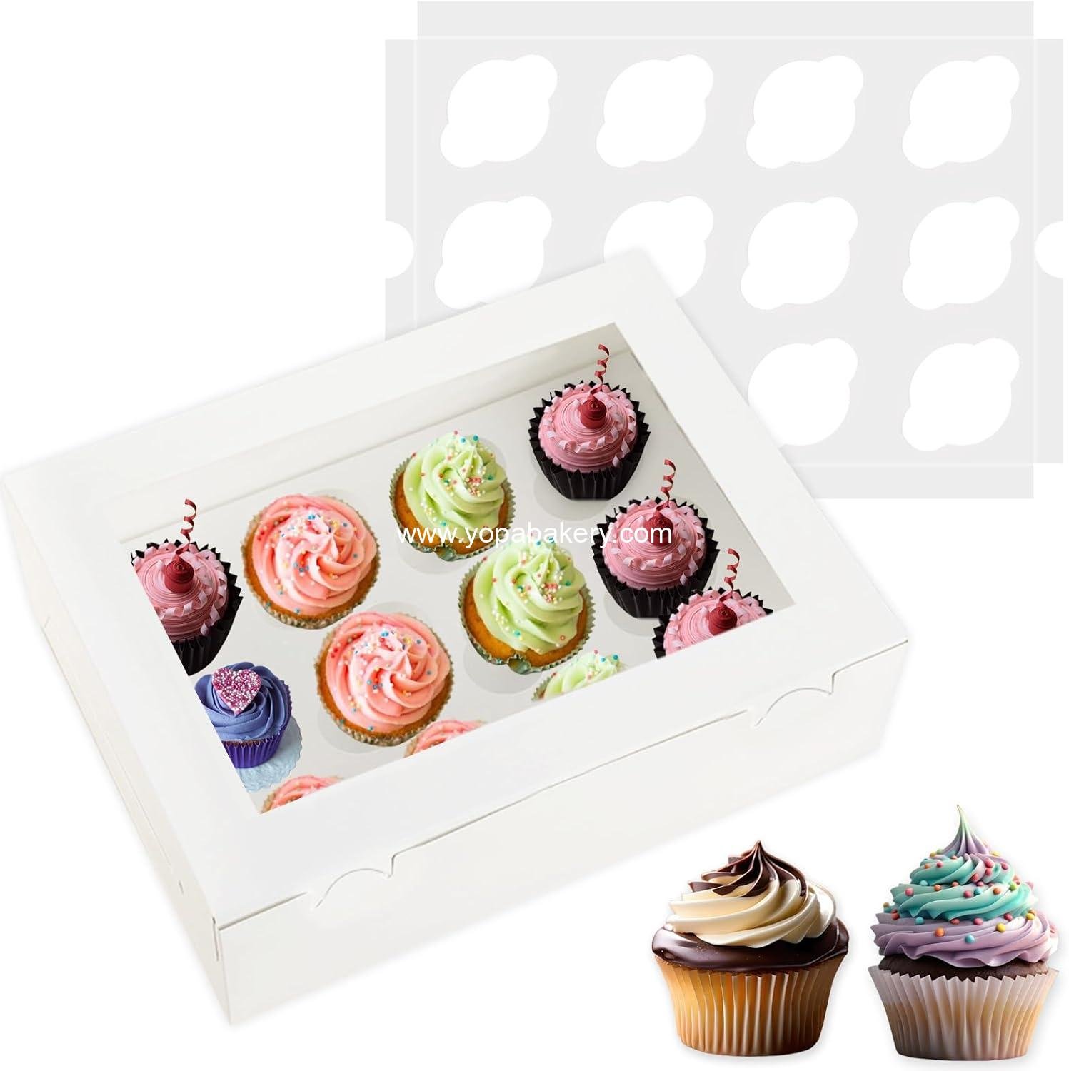 18 Pack Cupcake Boxes Hold 12 Standard Cupcakes, 13 x 10 x 3.5 Inch Paper Dozen Cupcake Containers Bulk with Window and Inserts, Disposable Bakery Pastry Carrier for Muffins, Cookies, White