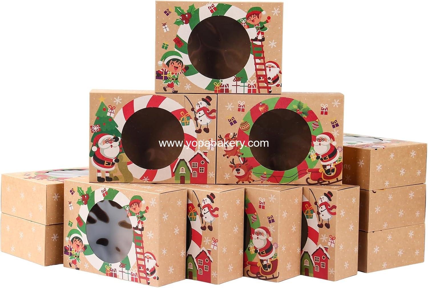 Wholesale 12pcs Christmas Cookie Boxes for Gift Giving – 3 Styles of Brown Kraft Paper Bakery Containers with Window, Holiday Treat Boxes with Lids for Cookies, Cupcakes, Donuts, and Candy - Factory