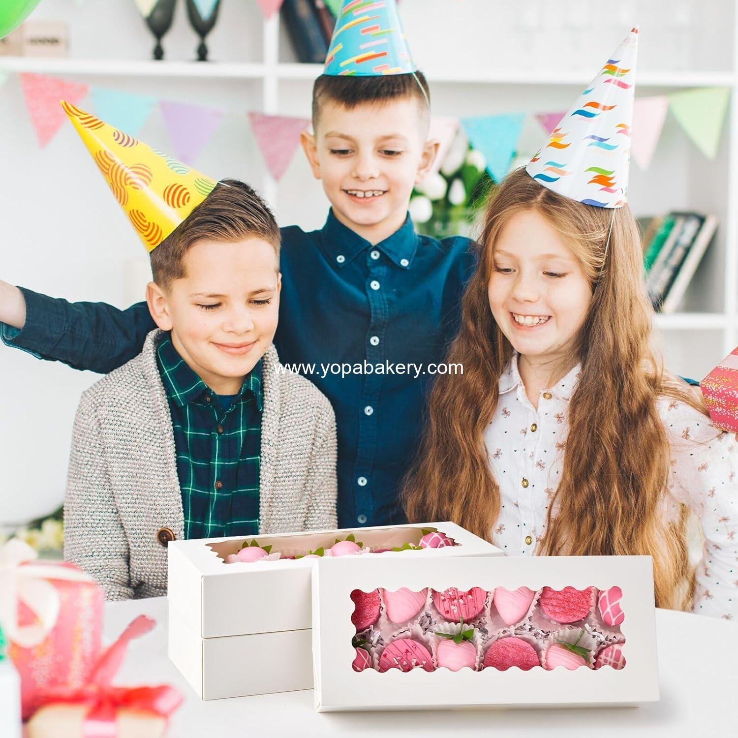 Wholesale 20 Pack Auto-Popup Bakery Boxes 12.5 x 5.5 x 2.5 Inch with Window, White Treat Boxes for Cookies, Chocolate-Covered Strawberries, Cocoa Bombs, Donuts, Muffins, Pastries, Factory