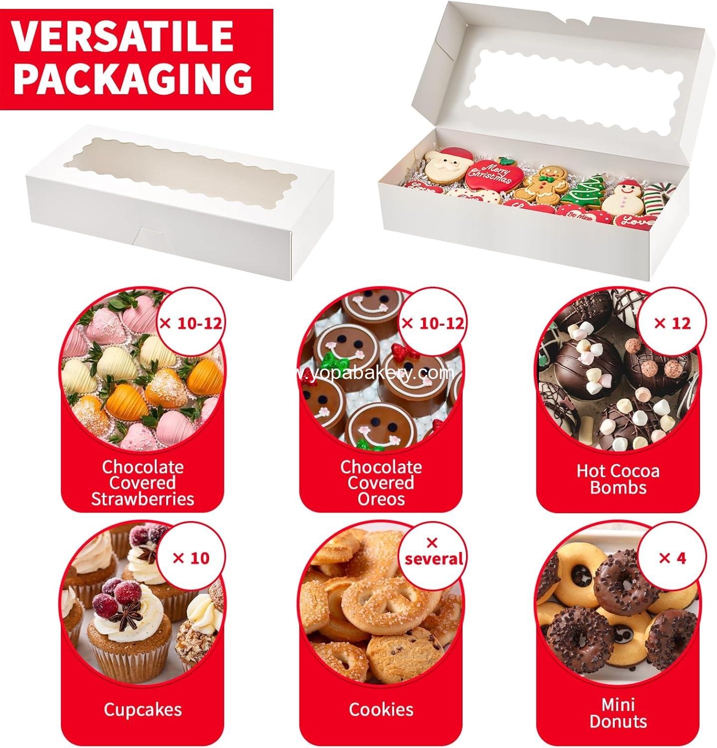 Wholesale 20 Pack Auto-Popup Bakery Boxes 12.5 x 5.5 x 2.5 Inch with Window, White Treat Boxes for Cookies, Chocolate-Covered Strawberries, Cocoa Bombs, Donuts, Muffins, Pastries, Factory