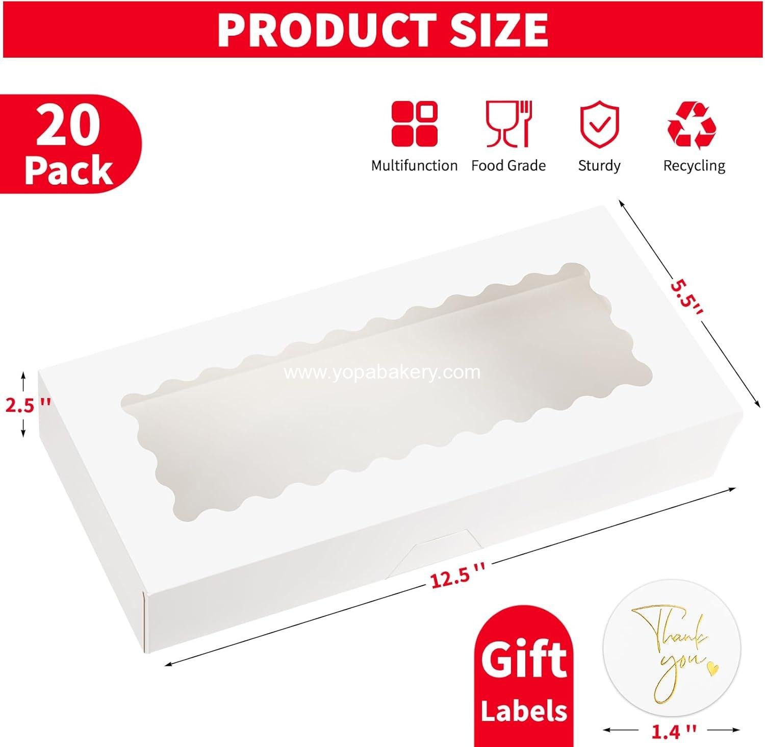 Wholesale 20 Pack Auto-Popup Bakery Boxes 12.5 x 5.5 x 2.5 Inch with Window, White Treat Boxes for Cookies, Chocolate-Covered Strawberries, Cocoa Bombs, Donuts, Muffins, Pastries, Factory