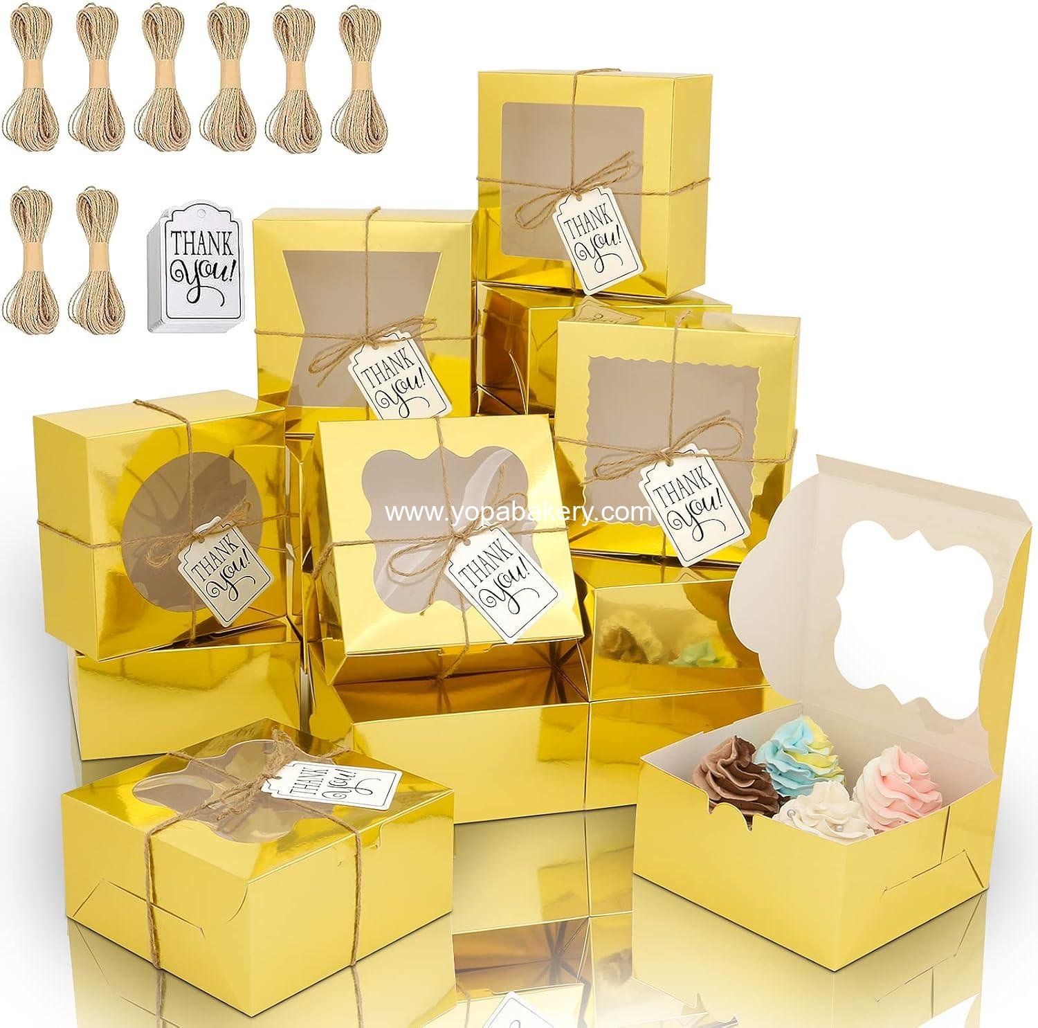 Wholesale 65PCS Bakery Boxes with Window 6x6x3 Inches - 5 Styles Cookie and Small Pastry Boxes for Candy, Dessert, Donuts, Birthday Parties, Weddings (Gold) Factory