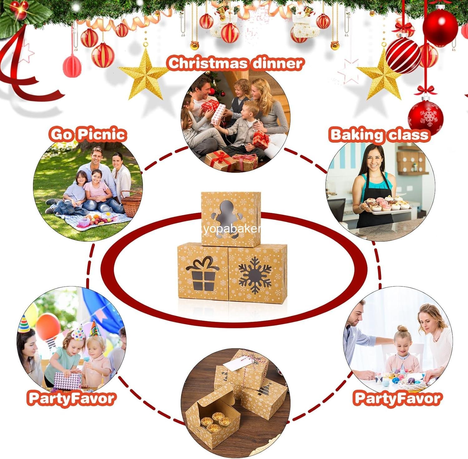 Wholesale 24 PCS Christmas Cookie Boxes 4x4x2.5 Inches Brown Bakery Boxes with Window Small Treat Boxes for Gift Giving Cakes Pastries Desserts Cupcakes Candy Donut Packaging Treat Boxes Factory