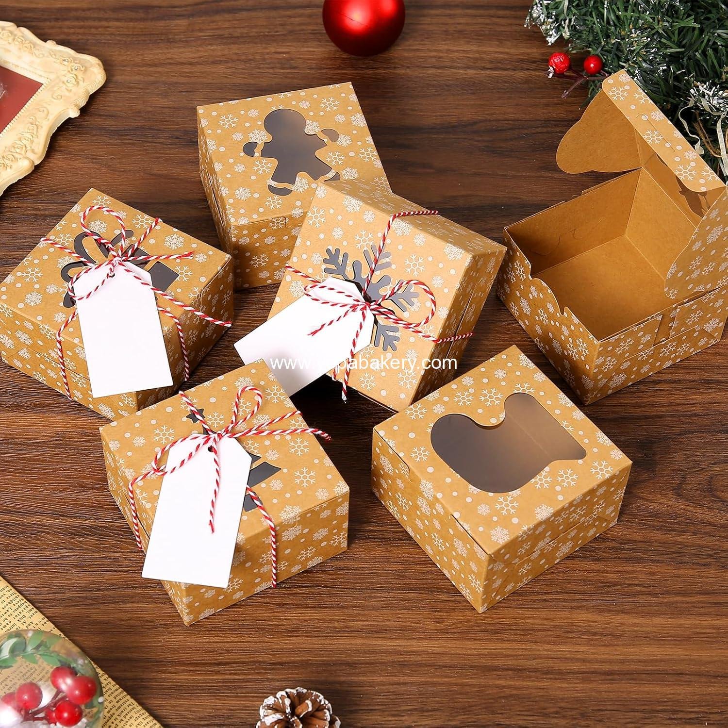 Wholesale 24 PCS Christmas Cookie Boxes 4x4x2.5 Inches Brown Bakery Boxes with Window Small Treat Boxes for Gift Giving Cakes Pastries Desserts Cupcakes Candy Donut Packaging Treat Boxes Factory