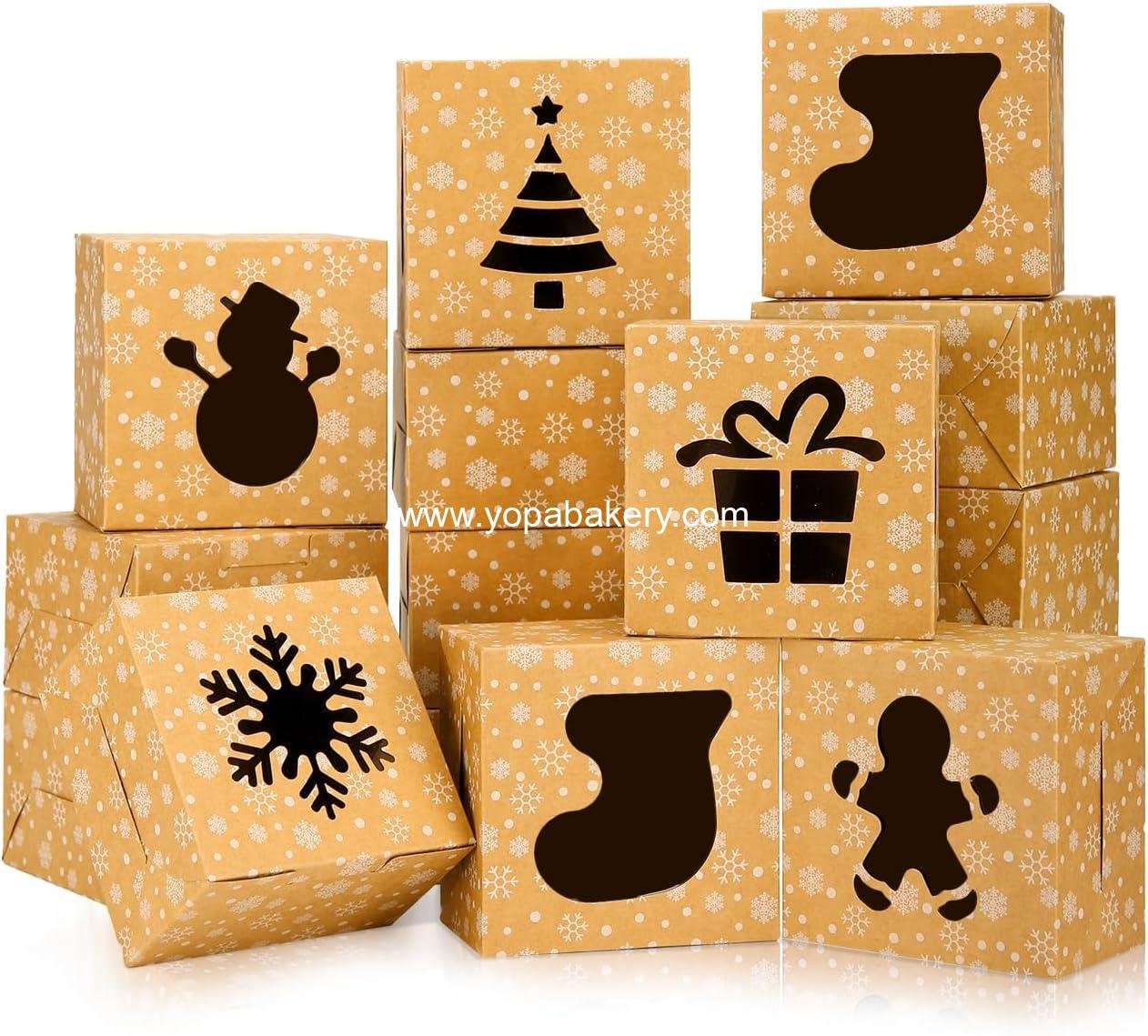BEAVOING 24 PCS Christmas Cookie Boxes, 4x4x2.5 Inches Brown Bakery Boxes with Window Small Treat Boxes for Xmas Gift Giving Cake Pastry Dessert Cupcakes Candy Donut Packaging Treat Boxes