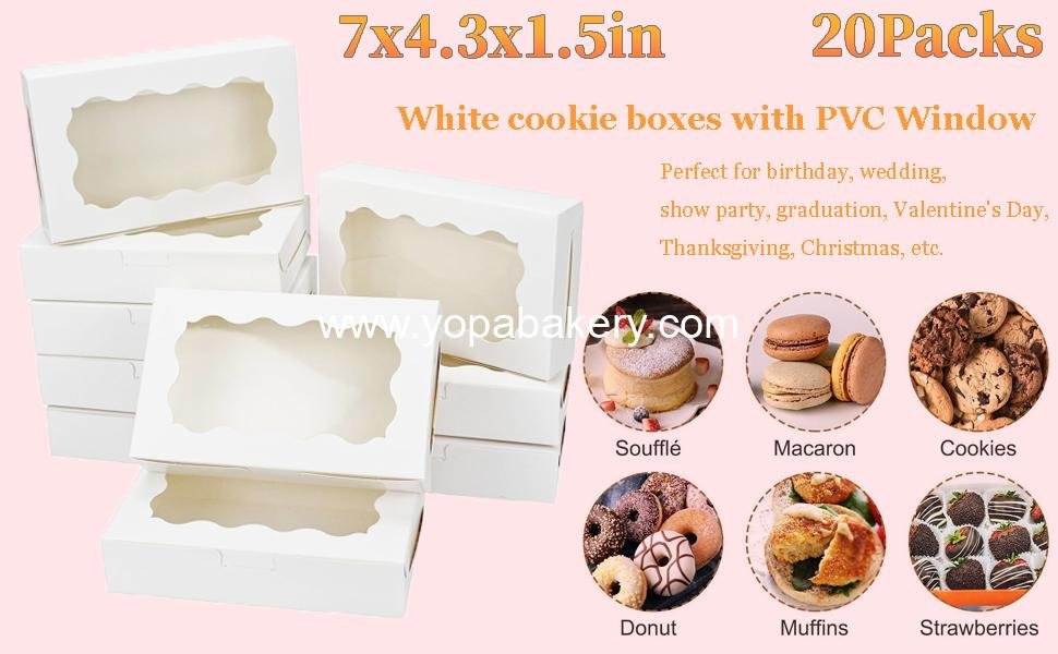 Wholesale White Treat Boxes with Window - 7x4.3x1.5 Inch Paperboard Cookie Box Containers for Desserts, Chocolates, Covered Strawberries, and Macaroons (20PCS) Factory Wholesale White Treat Boxes with Window - 7x4.3x1.5 Inch Paperboard Cookie Box Containers for Desserts, Chocolates, Covered Strawberries, and Macaroons (20PCS) Factory