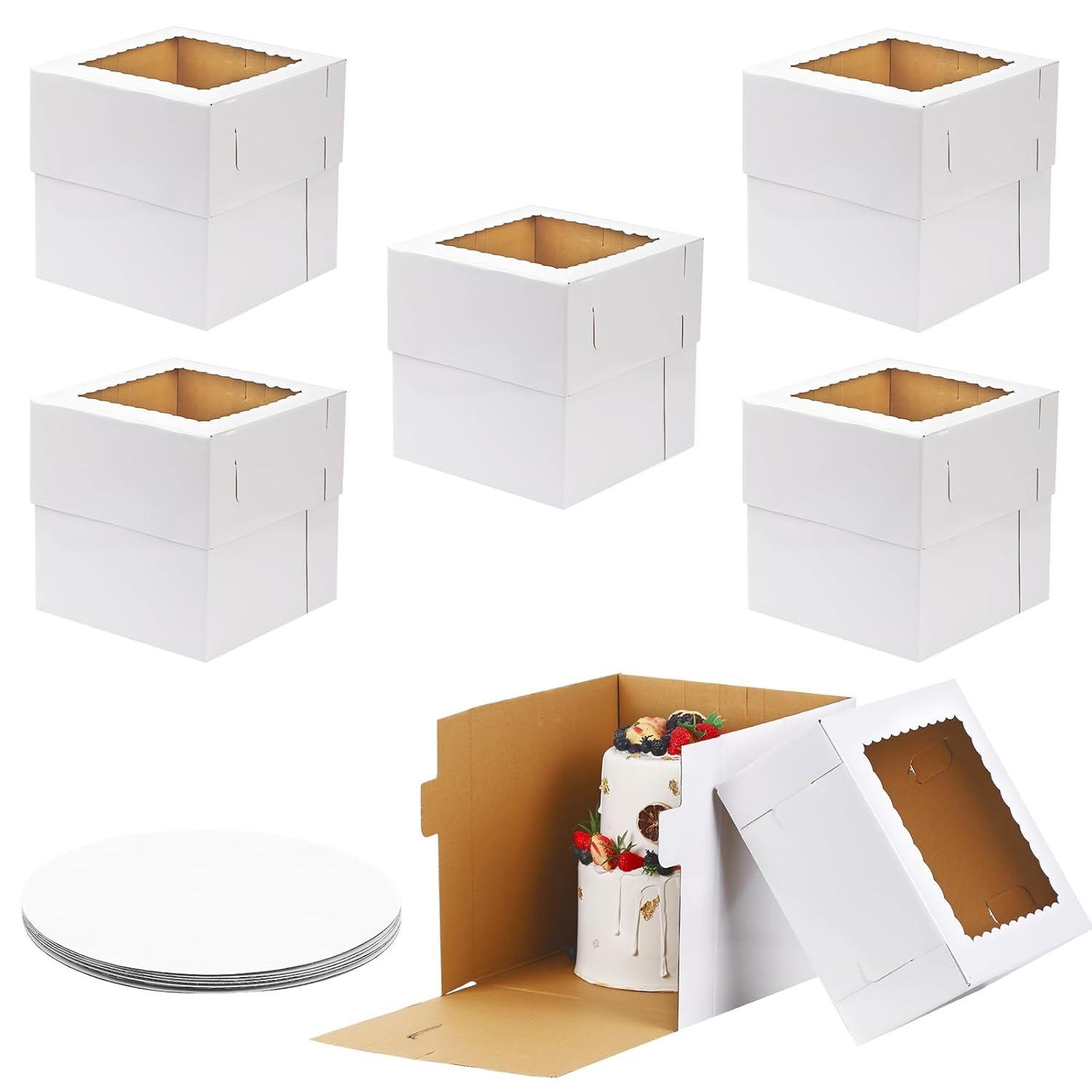 Moretoes 6 Pack 12x12x12 Inches Tall Cake Boxes with Boards for Tier Cakes, Thick Sturdy Bakery Box with Window for Valentine's Day, Mother's Day, Birthday, Wedding, Party