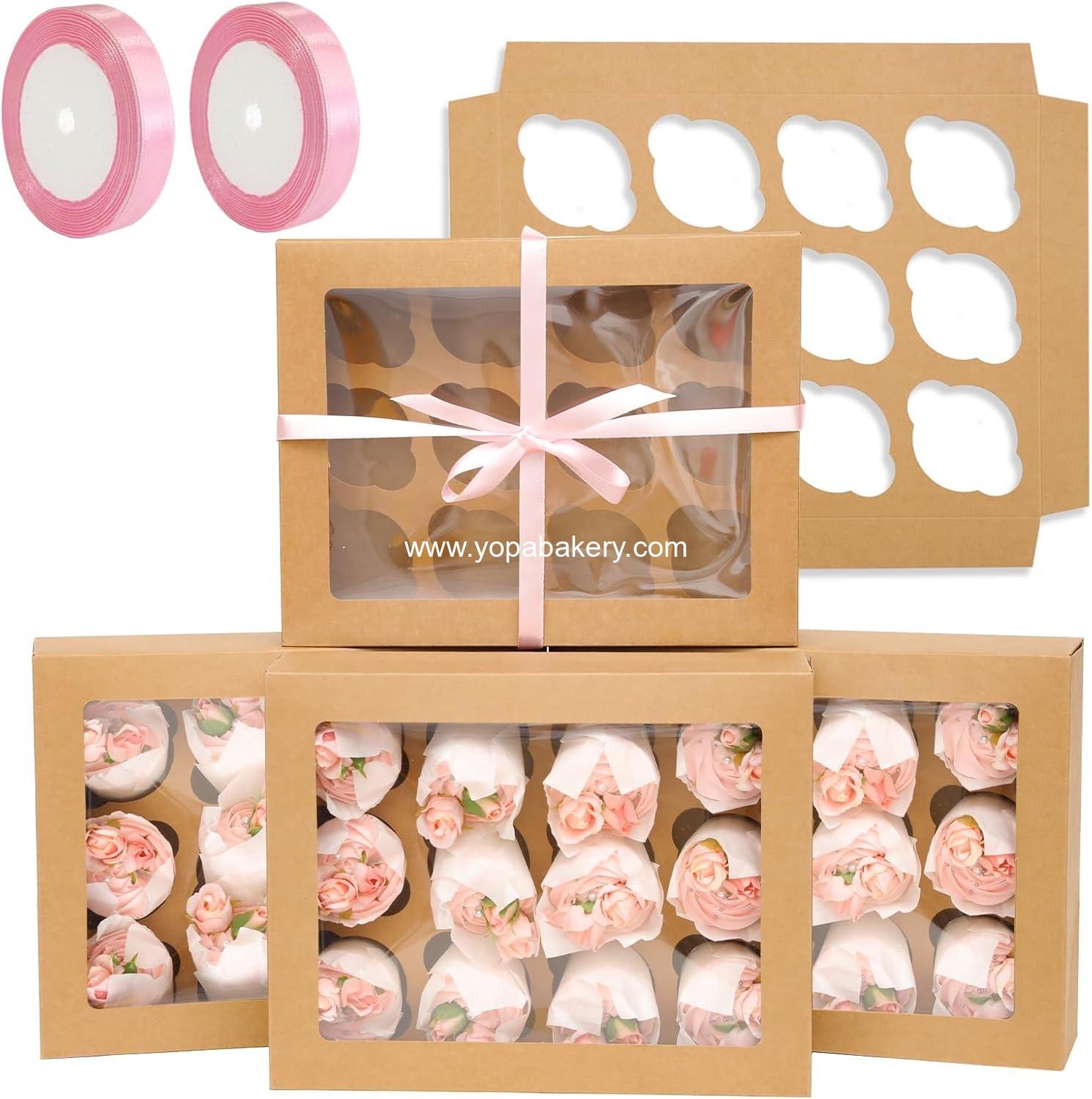 qiqee Auto-pop Up Cupcake Boxes with Window Brown 40PCS 12 Count Cupcake Box 13"x10"x3.5" Cupcakes Carrier, 12 Cupcake Containers with 2 rolls of pink ribbons