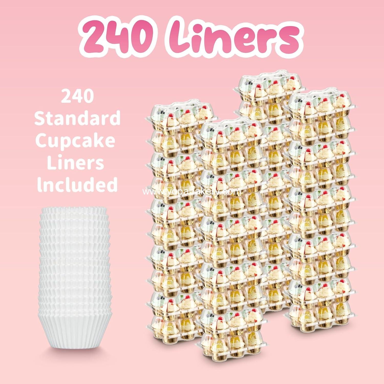 Wholesale Stackable Cupcake Containers (6 Count x 40 Sets) with 240 Liners, High Dome Lid Cupcake Carrier for 6 Cakes, Clear Cupcake Trays and Holders - Factory