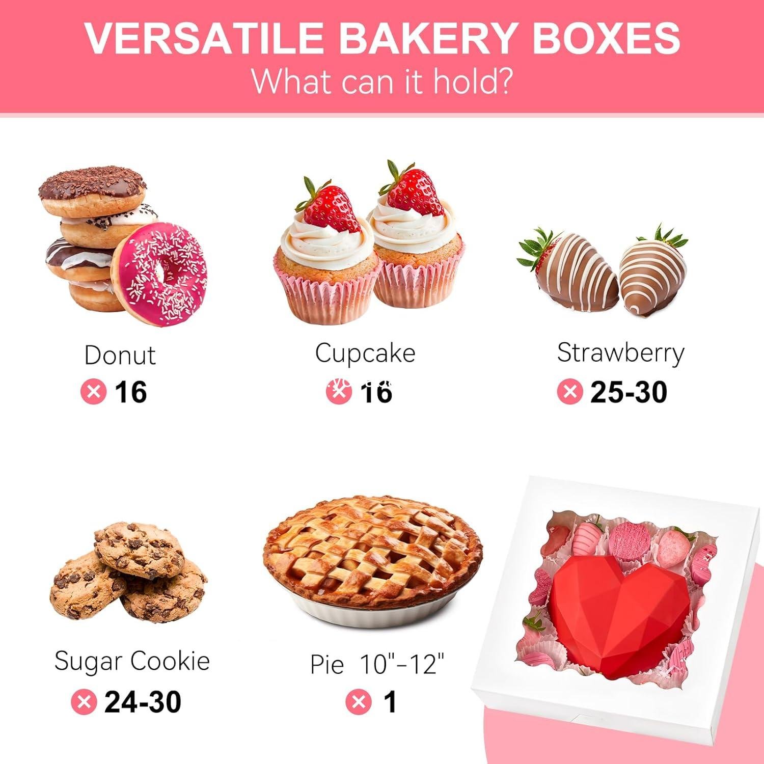 Wholesale 20 PCS Pie Boxes, 12 x 12 x 2.5 Inches Bakery Boxes with Window, Auto-Popup Treat Boxes for Chocolates, Strawberries, Pastries, Muffins, Donuts Factory Wholesale 20 PCS Pie Boxes, 12 x 12 x 2.5 Inches Bakery Boxes with Window, Auto-Popup Treat Boxes for Chocolates, Strawberries, Pastries, Muffins, Donuts Factory