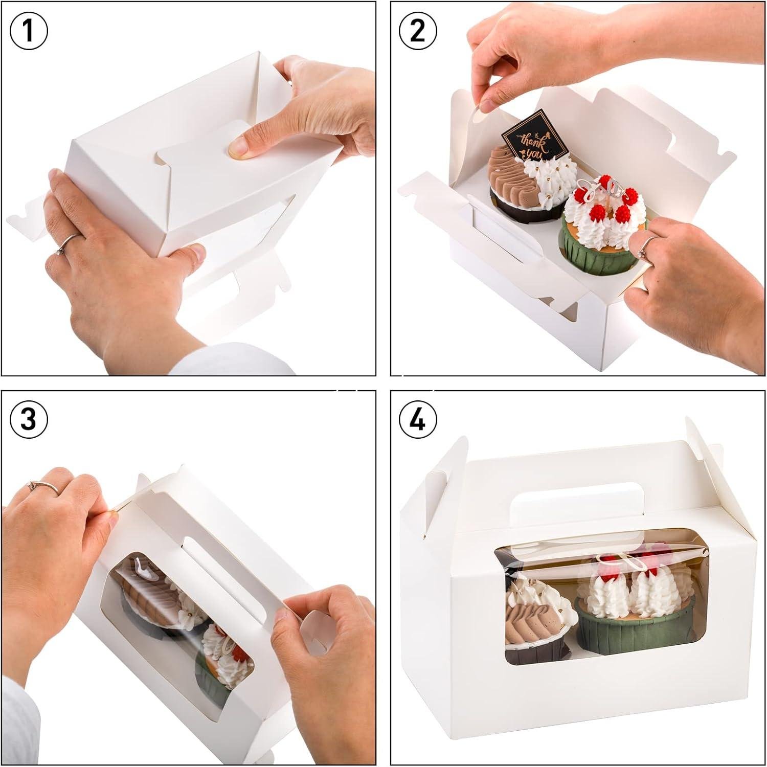 Wholesale 60 Pack 2 Count White Paper Cupcake Boxes with Insert, Handle, and Window, Portable Muffin Containers, Gable Bakery Gift Boxes for Weddings, Birthdays, Baby Showers, Favor Treat Boxes, Factory