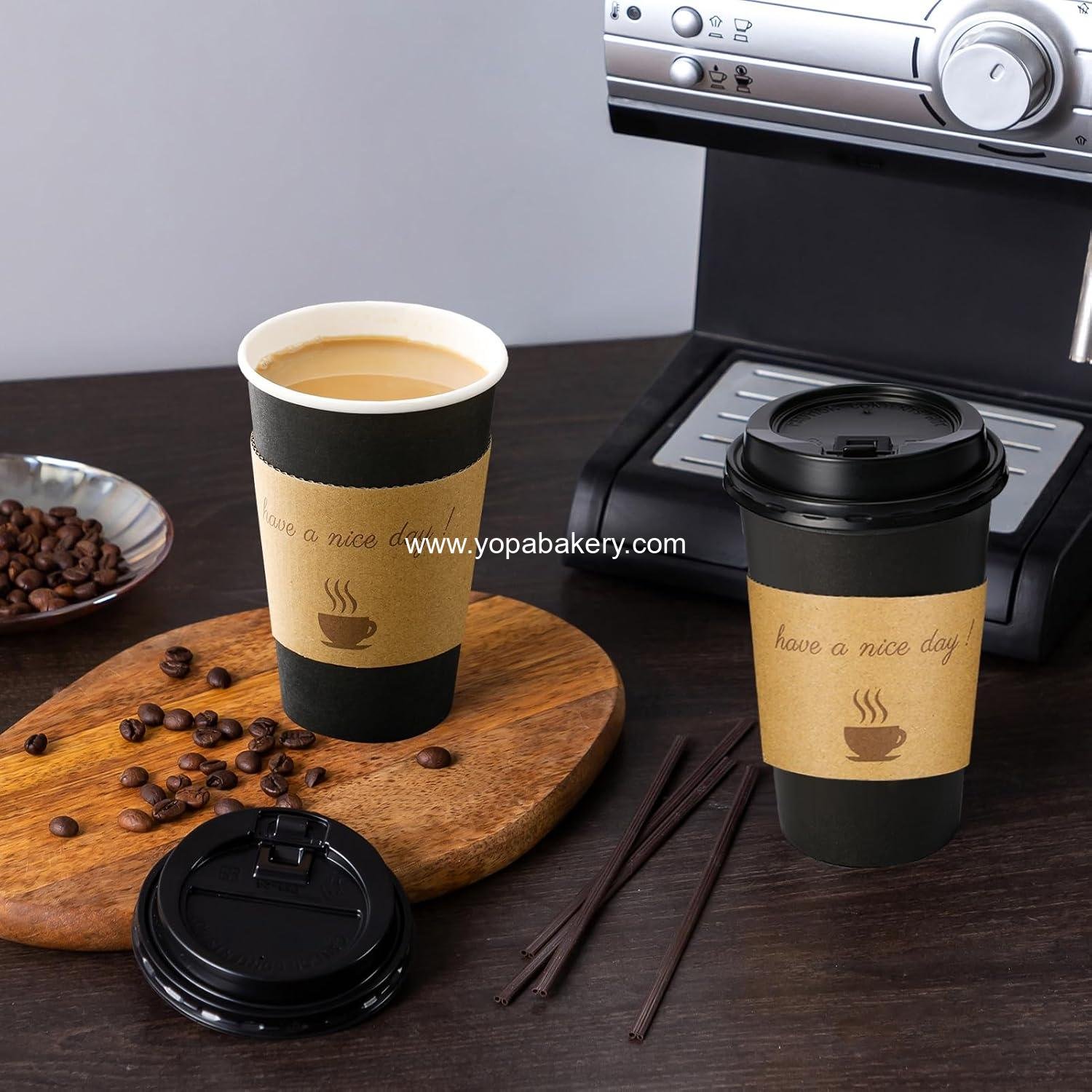 Wholesale 50 Pack 16 oz Disposable Coffee Cups with Lids, Stir Sticks, and Sleeves, Black Hot Paper Cups for Home and Travel, Factory