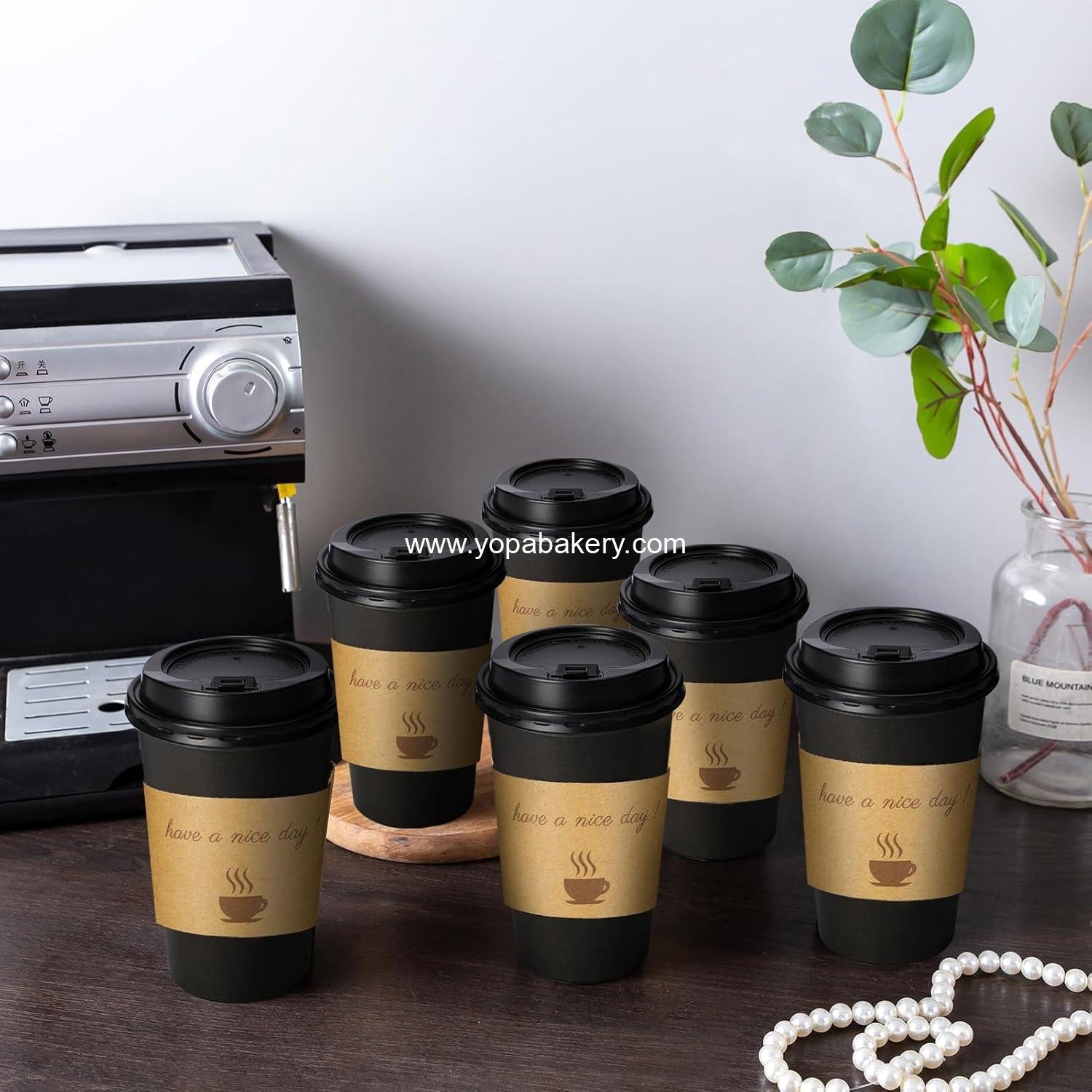 Wholesale 50 Pack 16 oz Disposable Coffee Cups with Lids, Stir Sticks, and Sleeves, Black Hot Paper Cups for Home and Travel, Factory