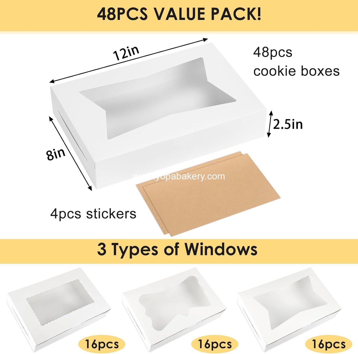 Wholesale 48pcs Bakery Boxes 12x8x2.5 Inches Cookie Boxes with 3 Window Styles for Chocolate Covered Strawberries, Desserts, Cookies, 4 Stickers, Factory