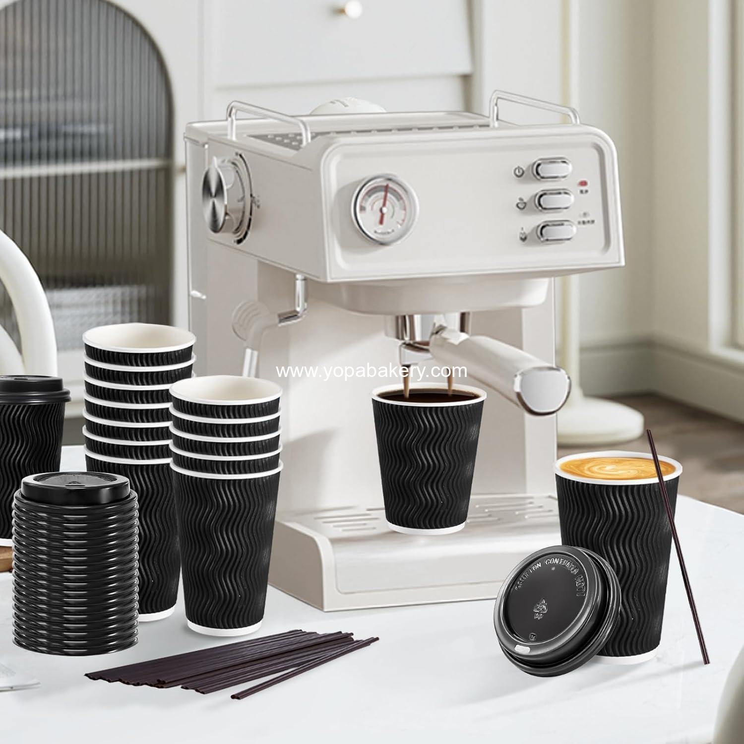 Wholesale 12 oz Disposable Coffee Cups with Lids, 50 Pack Insulated Paper Hot Cups To Go with Straws, Corrugated Ripple Wall for Hot Drinks - Black Factory