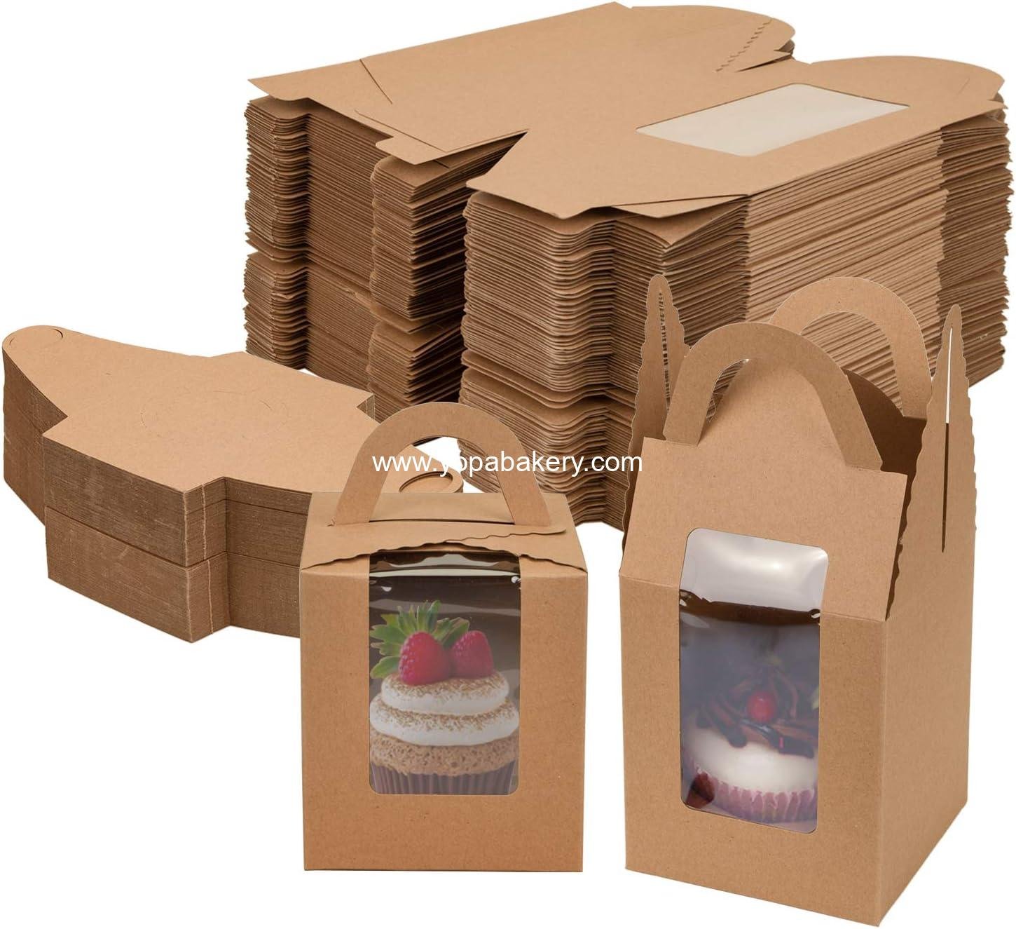 Jucoan 100 Pack Cupcake Box, Kraft Paper Individual Cupcake Container with Window and Handles, Bulk Single Cupcake Packaging Box for Muffin, Cocoa Bomb, Party Favor Pastry Treat Boxes